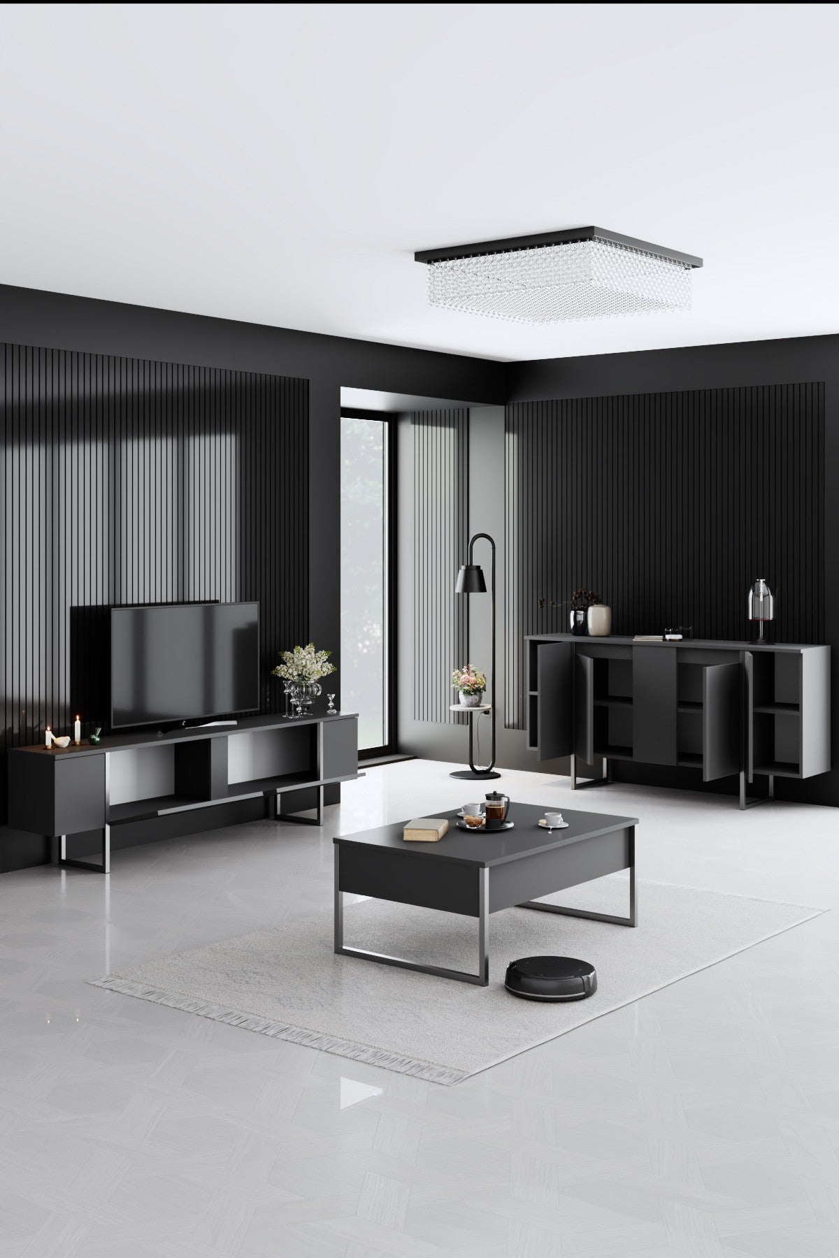 Furniture Sets - Furniture Set Anthracite Luxury - Coffee Table + TV Furniture + Sideboard - Silver Frame - Dimehouse