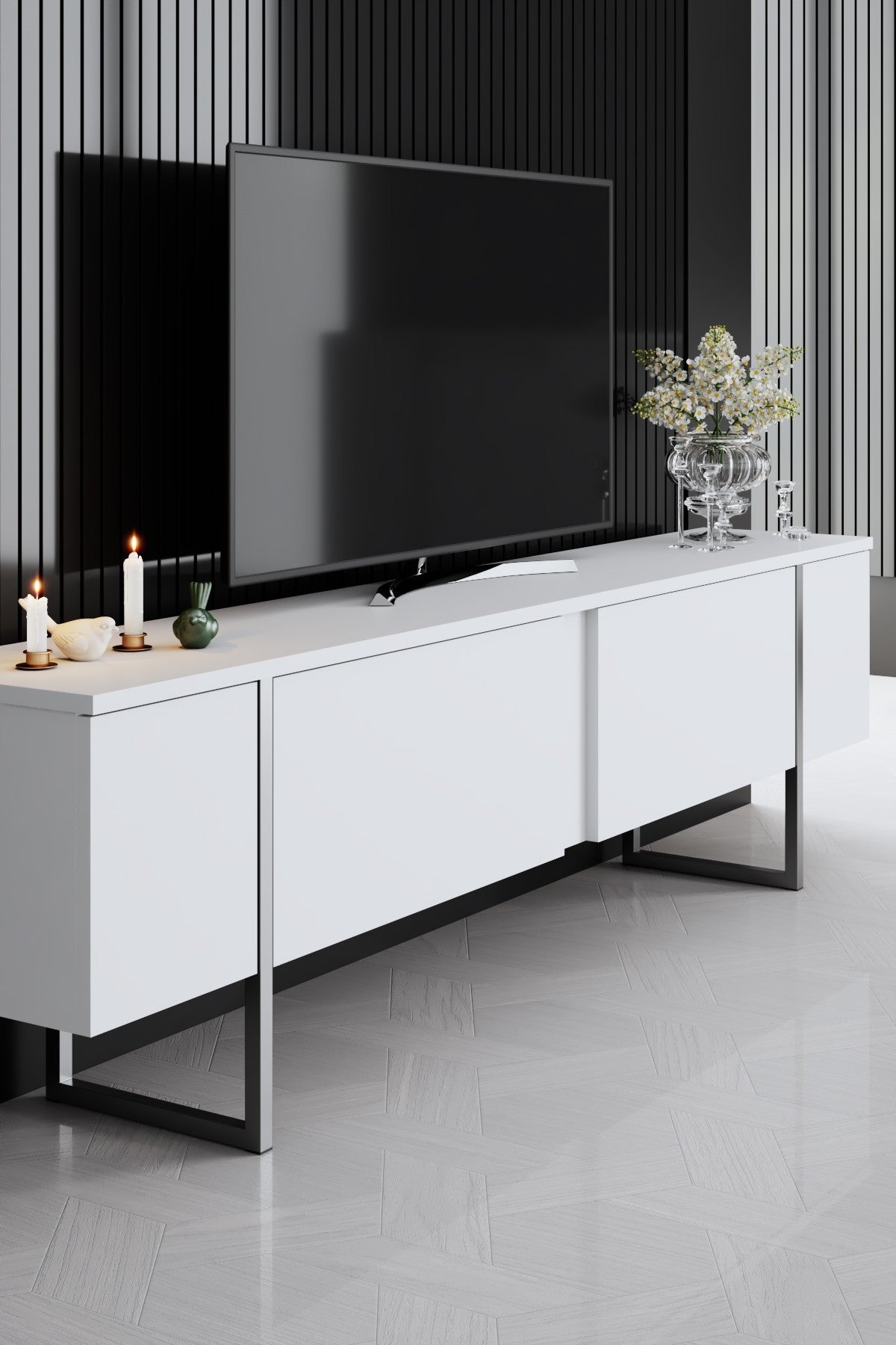 Furniture sets - Furniture set White Luxury - Coffee table + TV Furniture + Dresser Luxury - Silver Frame - Dimehouse