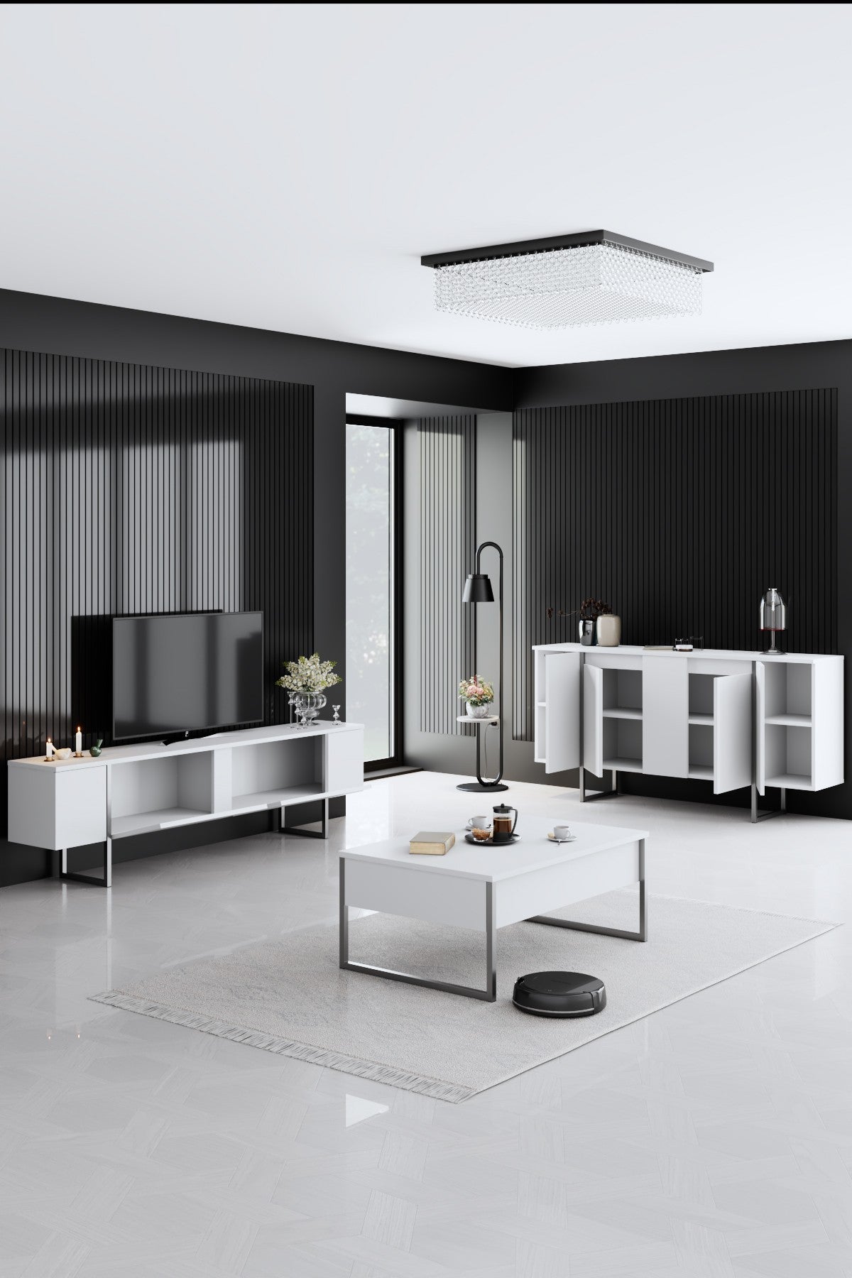 Furniture sets - Furniture set White Luxury - Coffee table + TV Furniture + Dresser Luxury - Silver Frame - Dimehouse