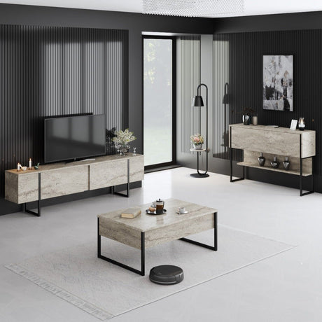 Furniture sets - Furniture set Travertine Luxury - Coffee table + TV Furniture + Dresser Luxury - Black Frame - Dimehouse