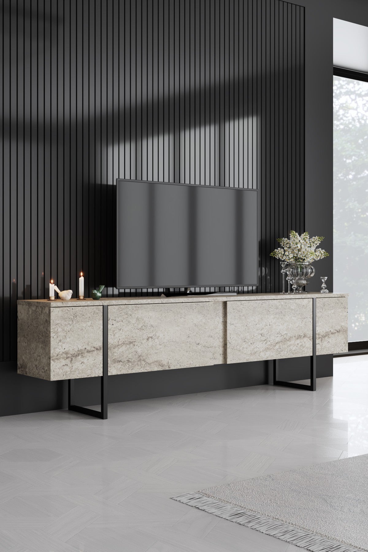 Furniture sets - Furniture set Travertine Luxury - Coffee table + TV Furniture + Dresser Luxury - Black Frame - Dimehouse