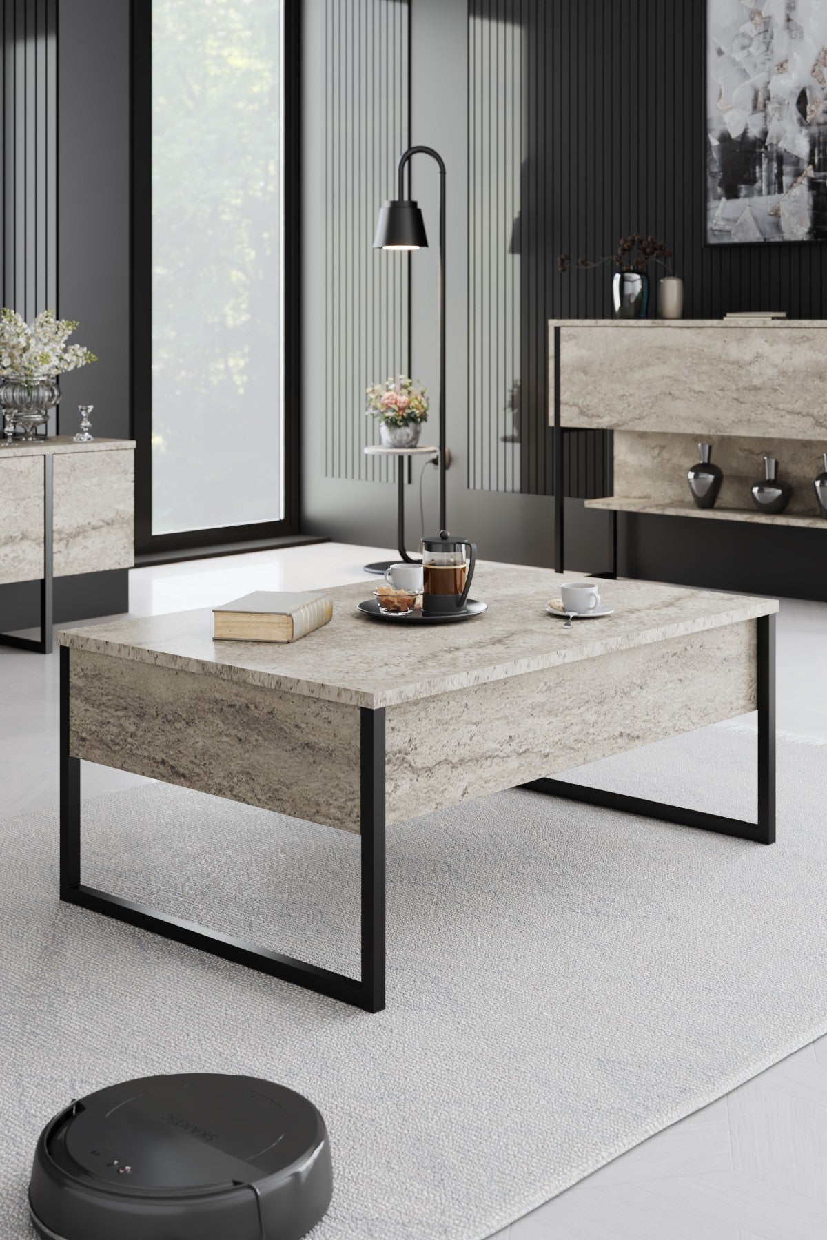 Furniture sets - Furniture set Travertine Luxury - Coffee table + TV Furniture + Dresser Luxury - Black Frame - Dimehouse