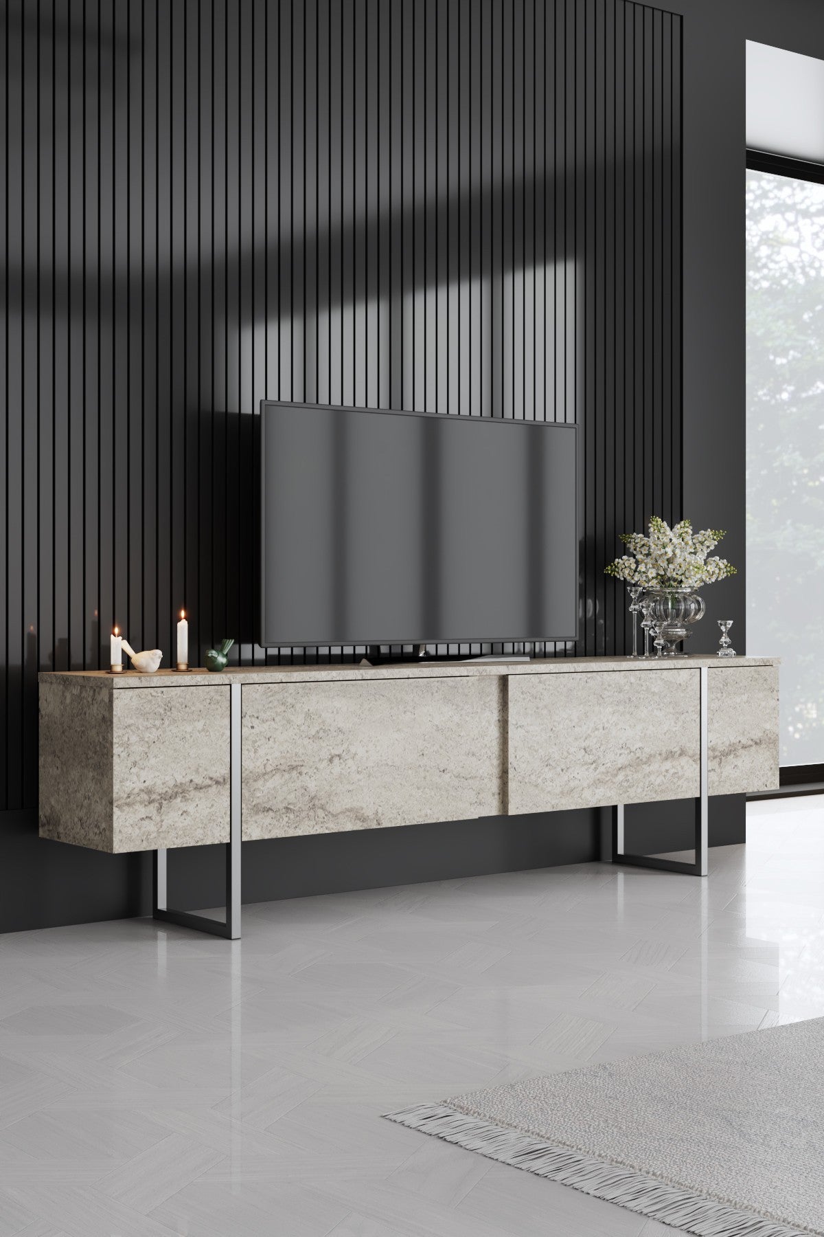 Furniture Sets - Furniture Set Travertine Luxury - Coffee Table + TV Furniture + Sideboard - Silver Frame - Dimehouse