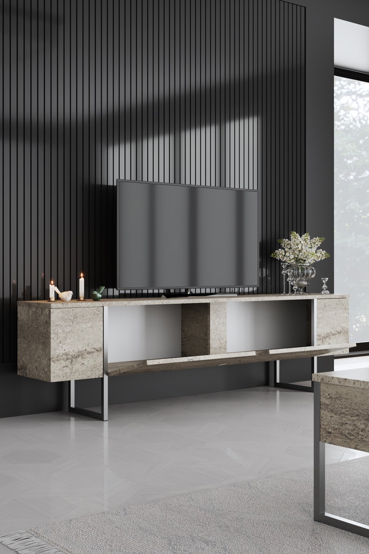 Furniture Sets - Furniture Set Travertine Luxury - Coffee Table + TV Furniture + Sideboard - Silver Frame - Dimehouse