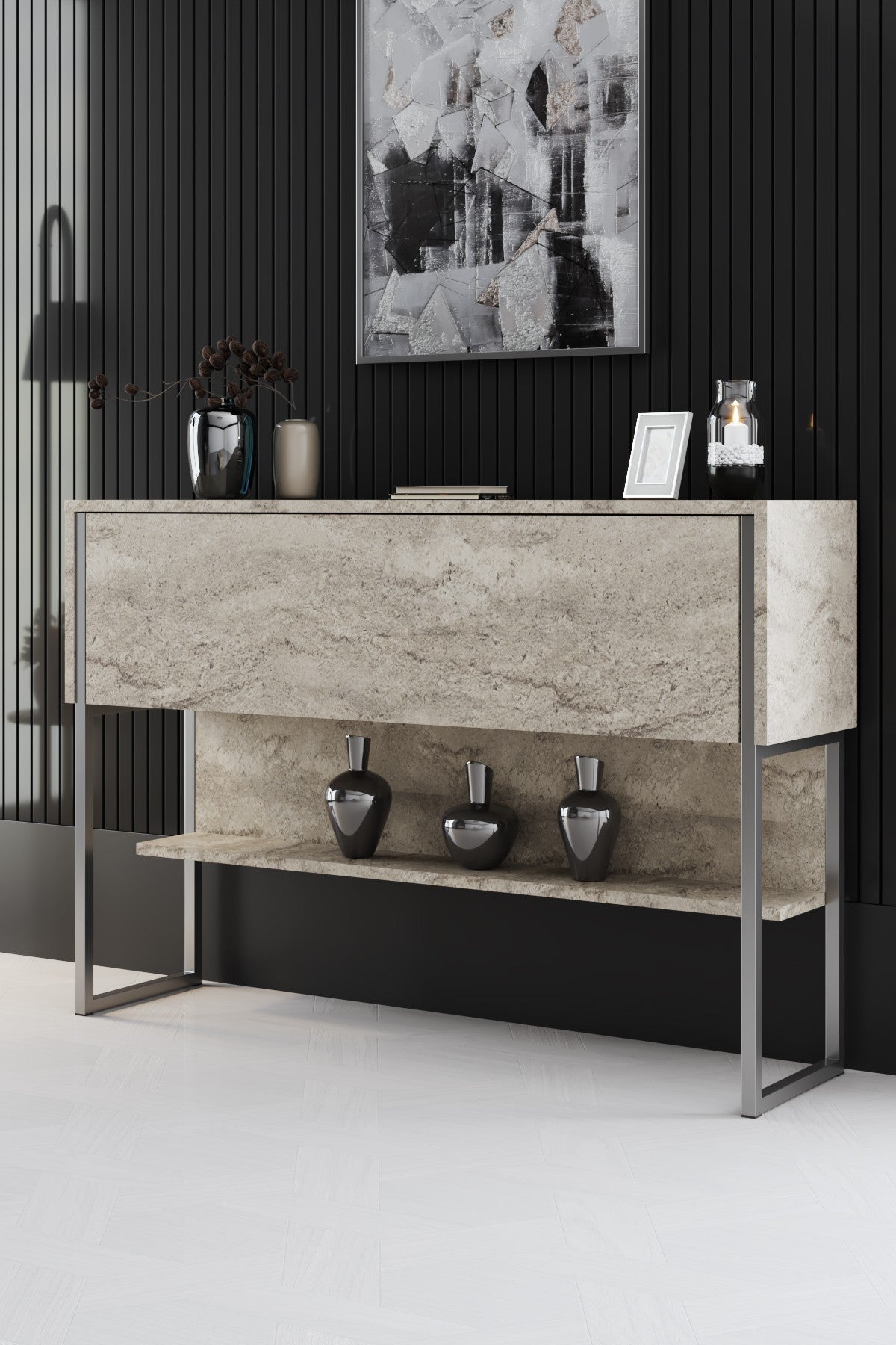 Furniture Sets - Furniture Set Travertine Luxury - Coffee Table + TV Furniture + Sideboard - Silver Frame - Dimehouse