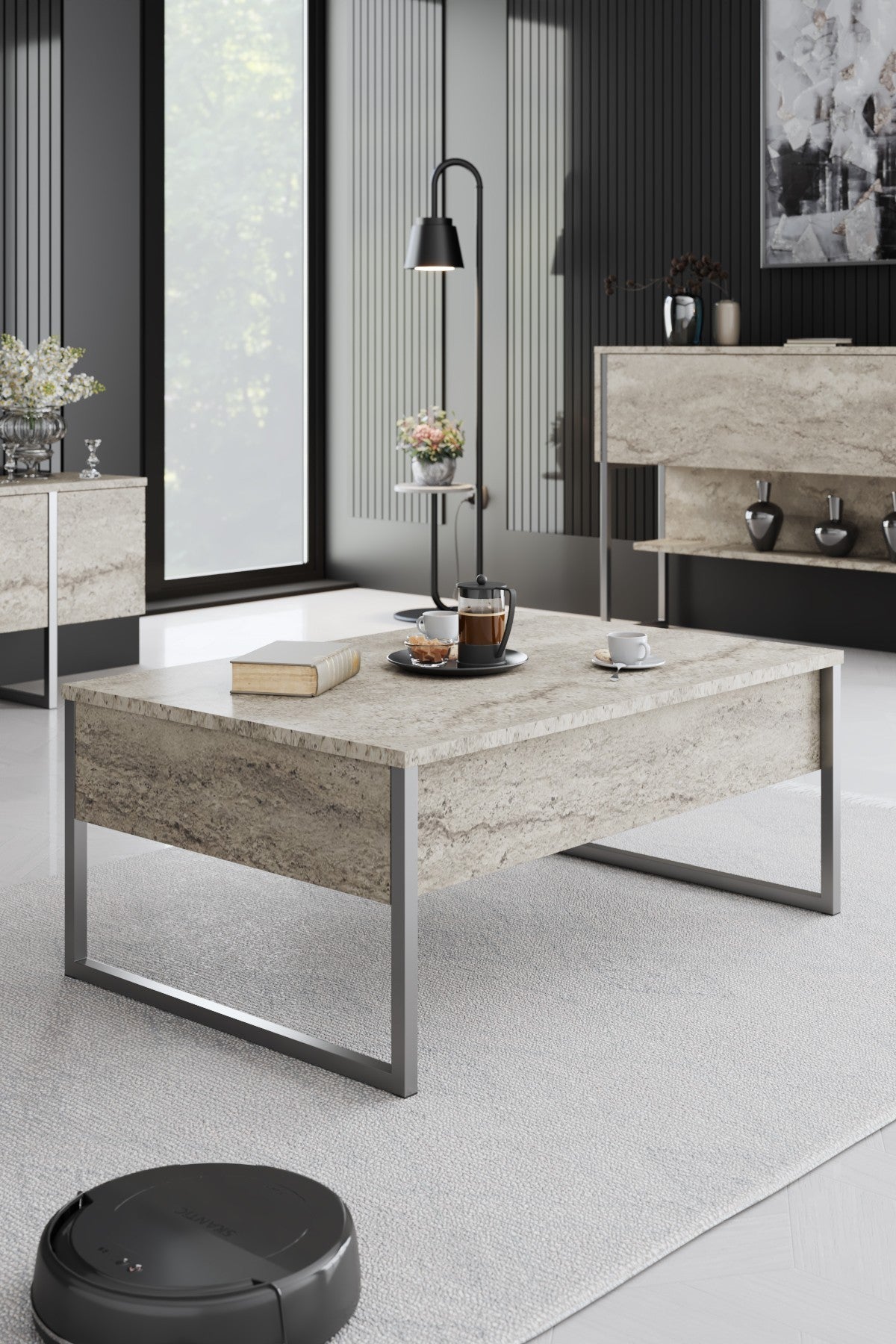 Furniture Sets - Furniture Set Travertine Luxury - Coffee Table + TV Furniture + Sideboard - Silver Frame - Dimehouse