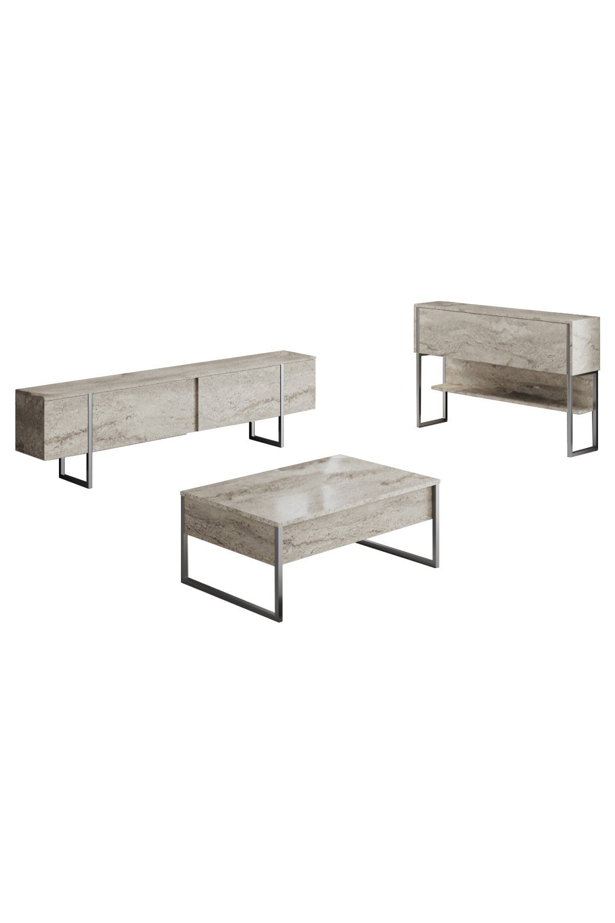 Furniture Sets - Furniture Set Travertine Luxury - Coffee Table + TV Furniture + Sideboard - Silver Frame - Dimehouse