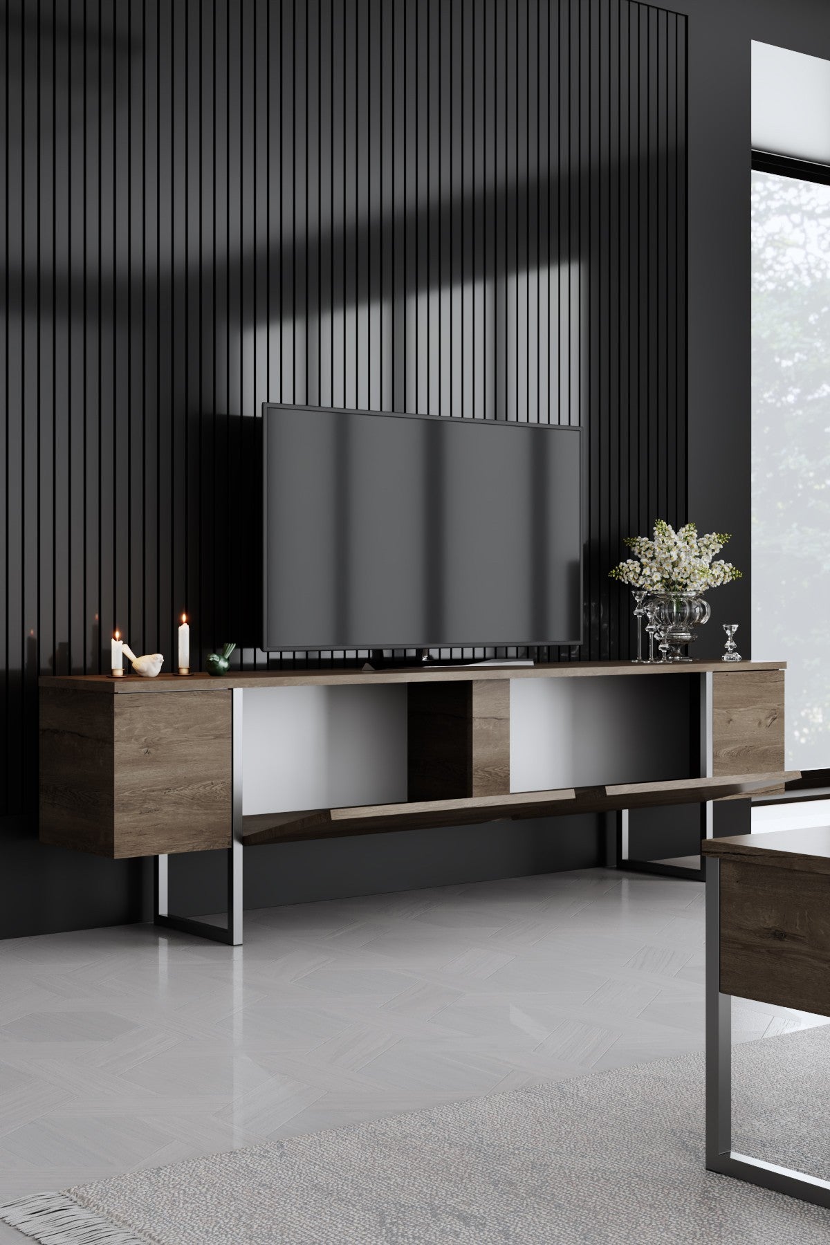 TV Furniture - TV Furniture Walnut Luxury 180x50x30 - Silver Frame - Dimehouse