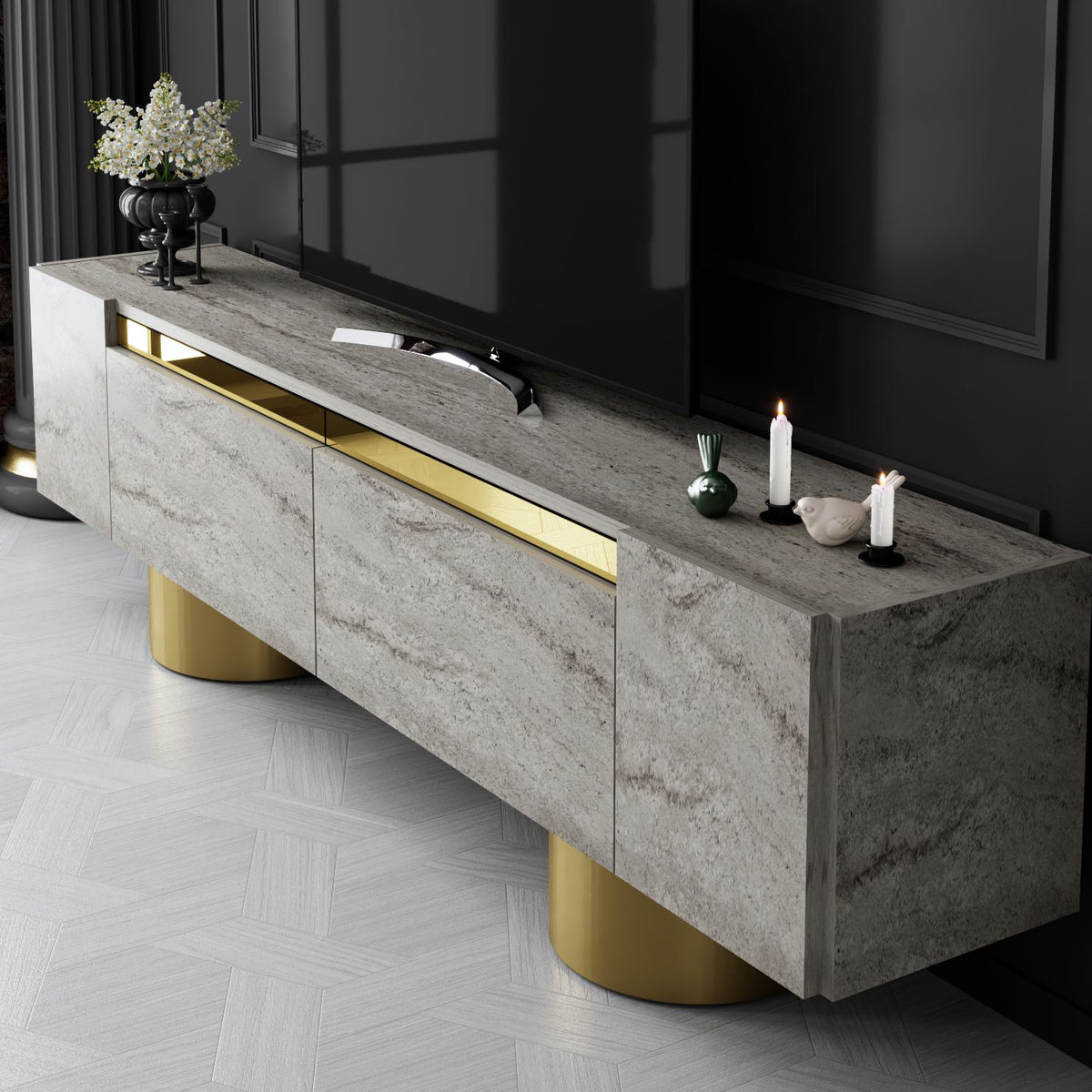 TV Furniture - TV Furniture Travertine Bohem 180x50x30 - Golden Frame - Dimehouse
