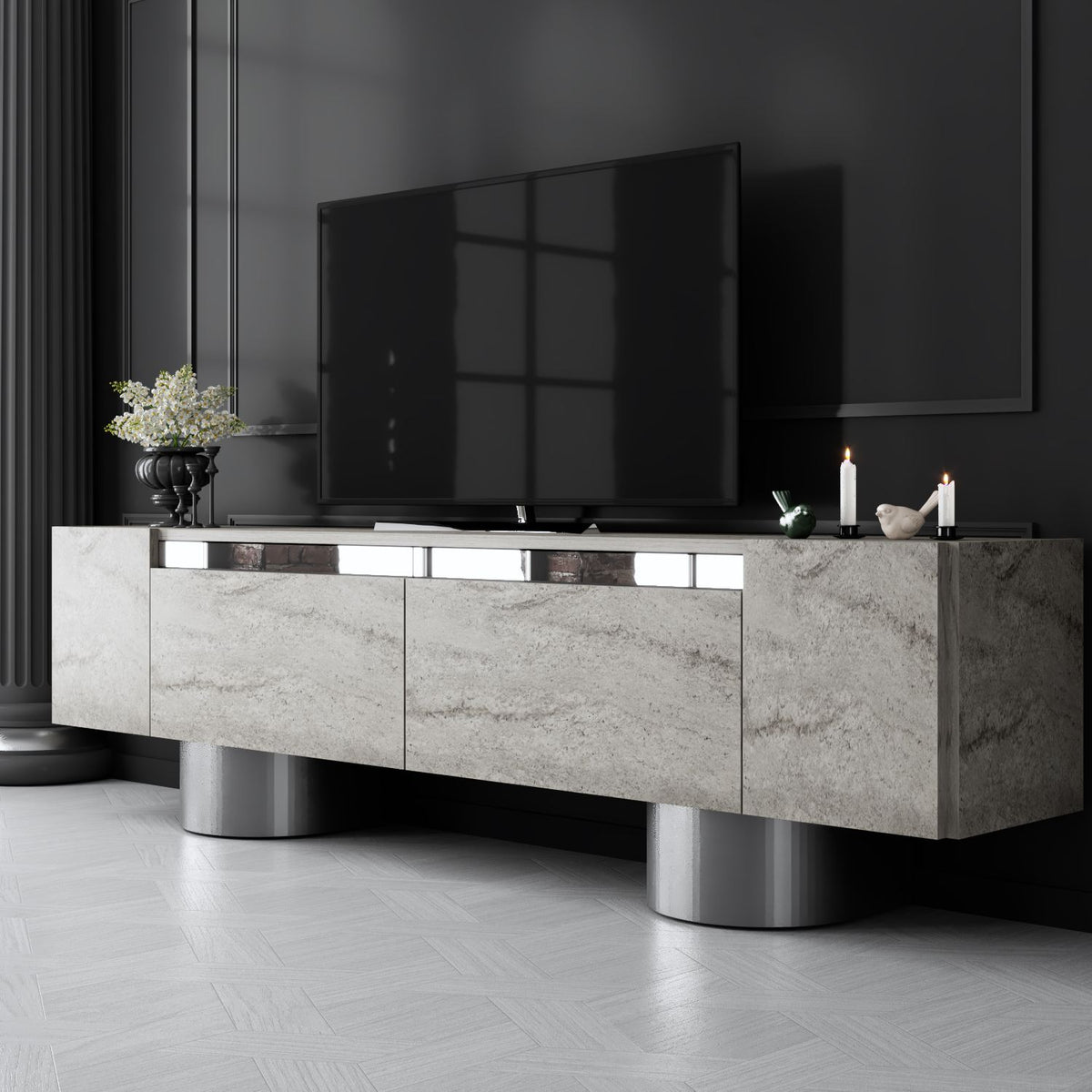 TV Furniture - TV Furniture Travertine Bohem 180x50x30 - Silver Frame - Dimehouse