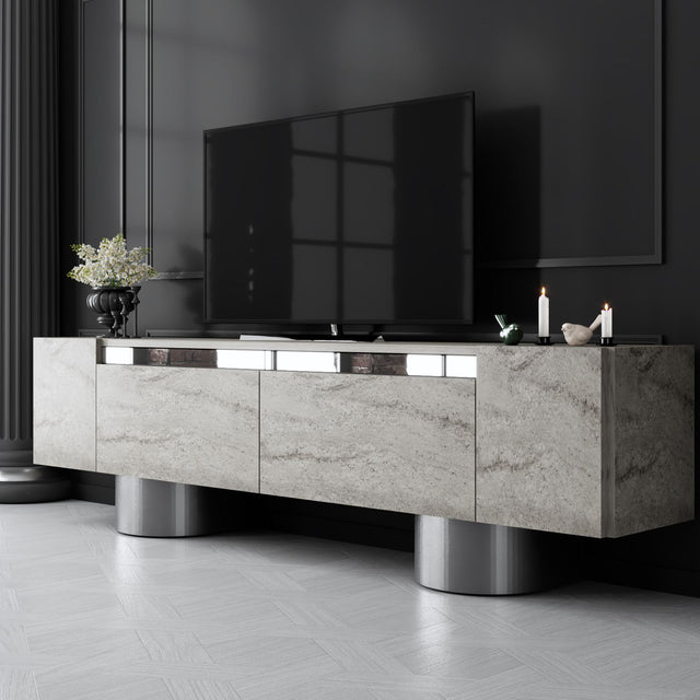 TV Furniture - TV Furniture Travertine Bohem 180x50x30 - Silver Frame - Dimehouse