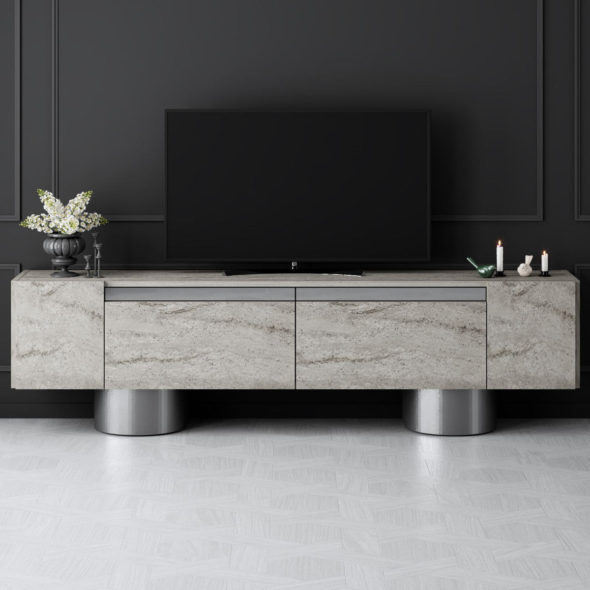 TV Furniture - TV Furniture Travertine Bohem 180x50x30 - Silver Frame - Dimehouse