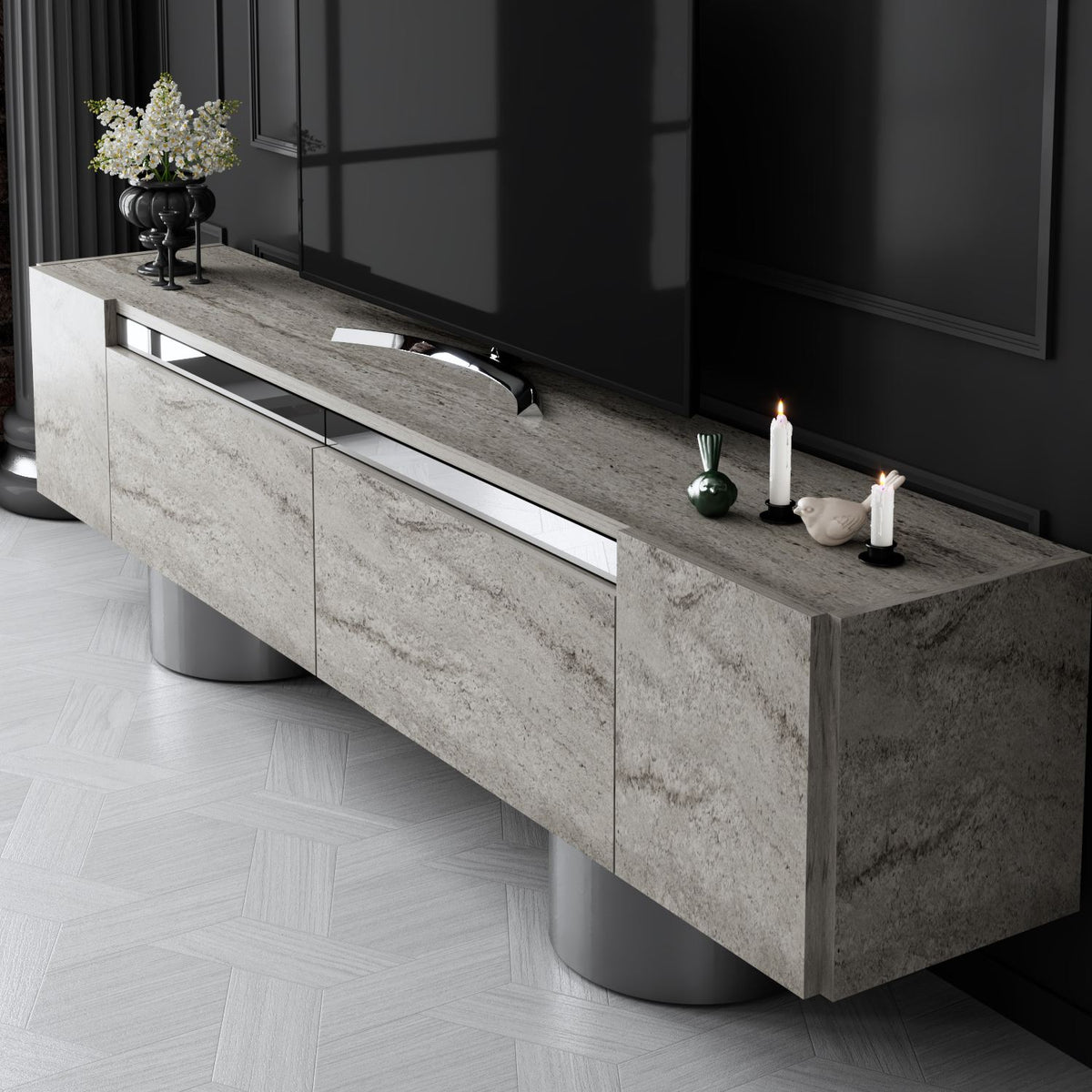 TV Furniture - TV Furniture Travertine Bohem 180x50x30 - Silver Frame - Dimehouse