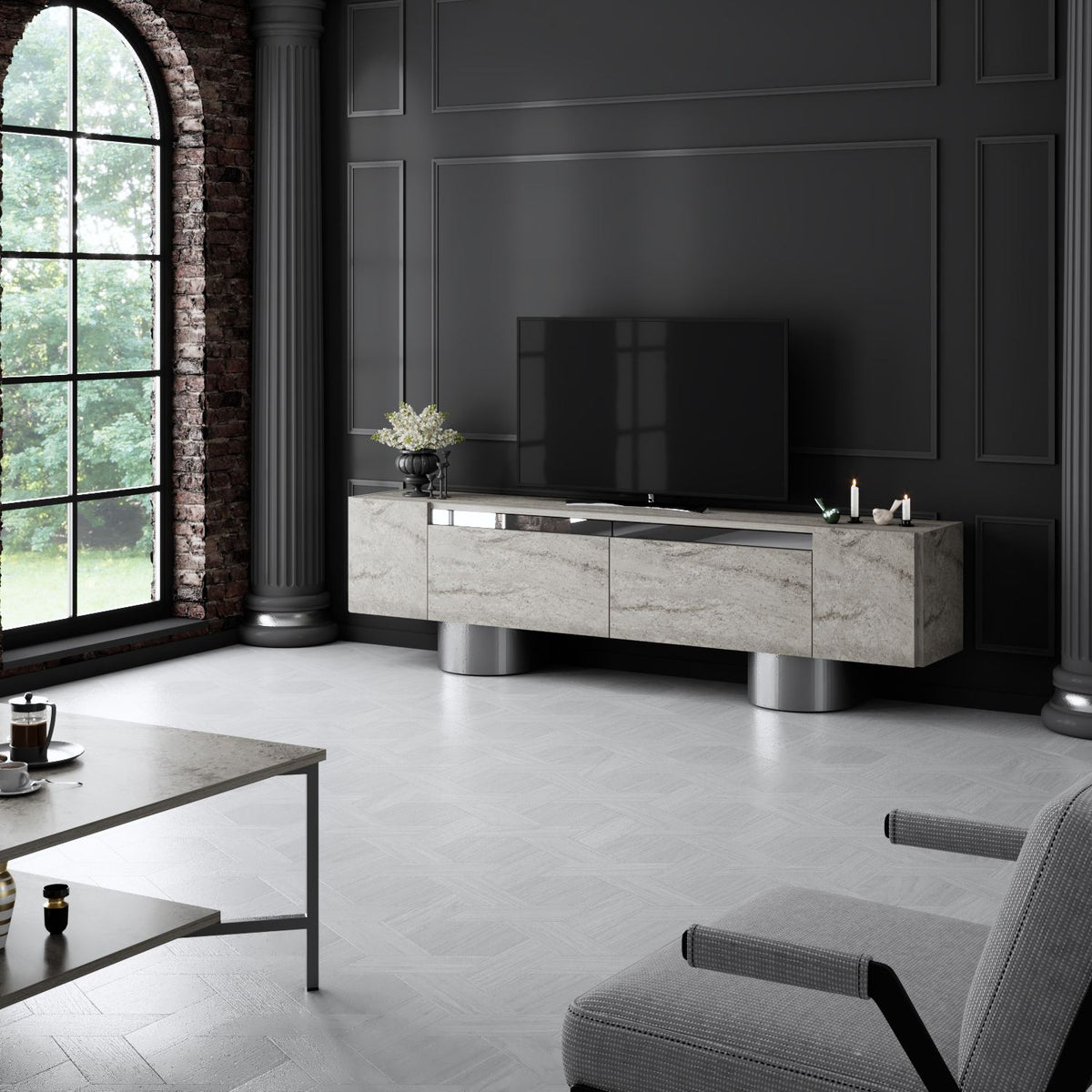 TV Furniture - TV Furniture Travertine Bohem 180x50x30 - Silver Frame - Dimehouse