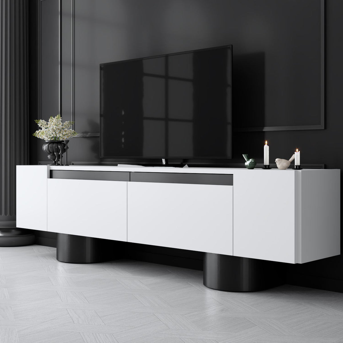 TV Furniture - TV Furniture White Bohem 180x50x30 - Black Frame - Dimehouse
