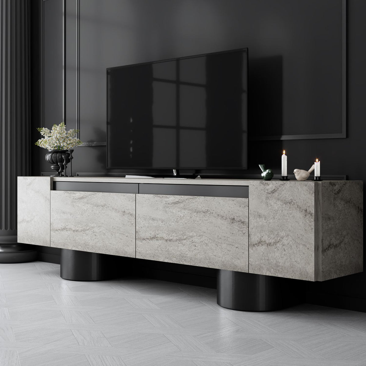 TV Furniture - TV Furniture Travertine Bohem 180x50x30 - Black Frame - Dimehouse