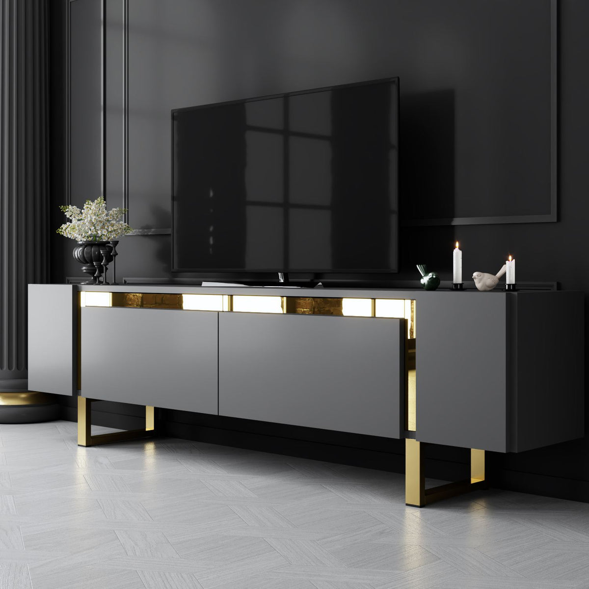 TV Furniture - TV Furniture Anthracite Yildiz 180x50x30 - Golden Frame - Dimehouse