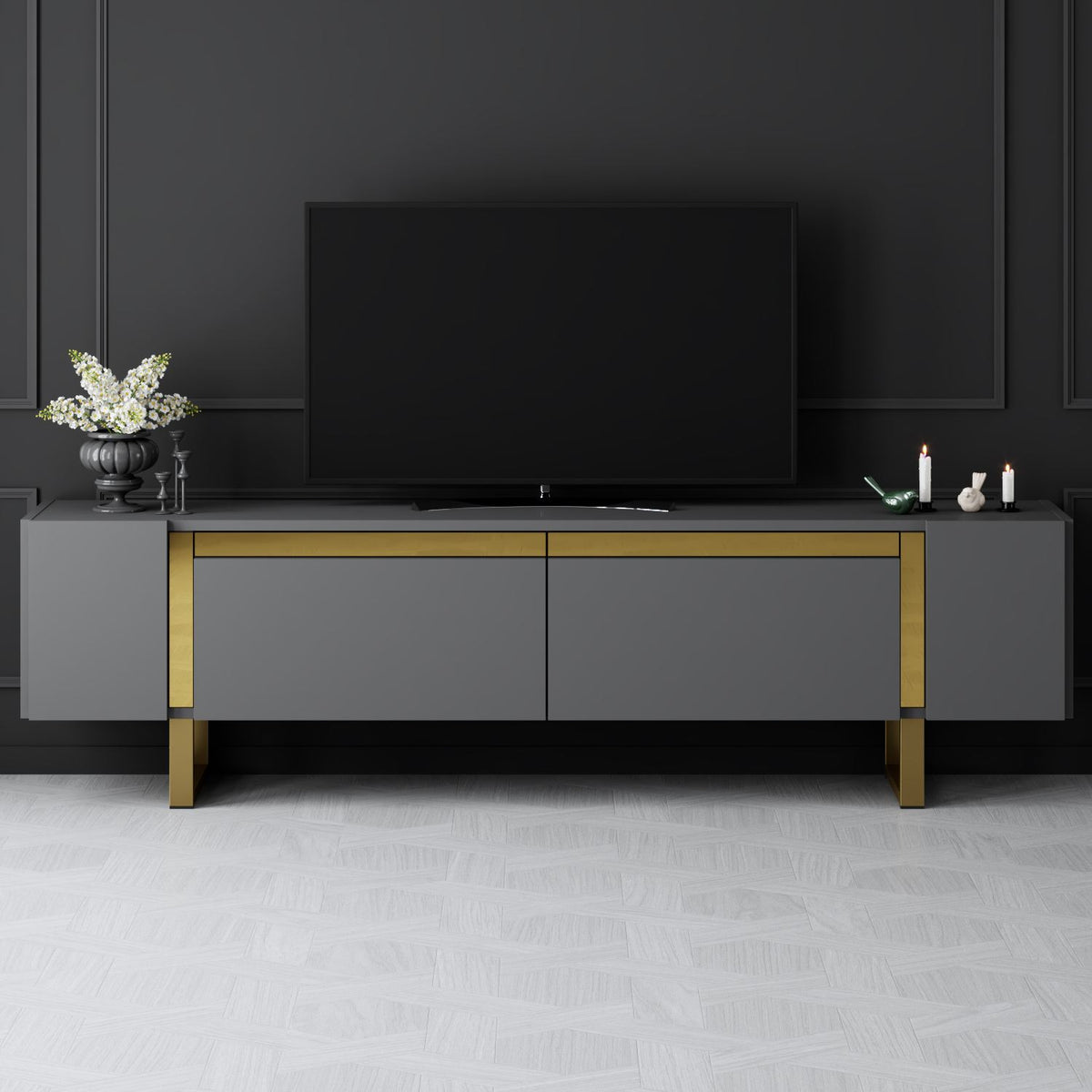 TV Furniture - TV Furniture Anthracite Yildiz 180x50x30 - Golden Frame - Dimehouse