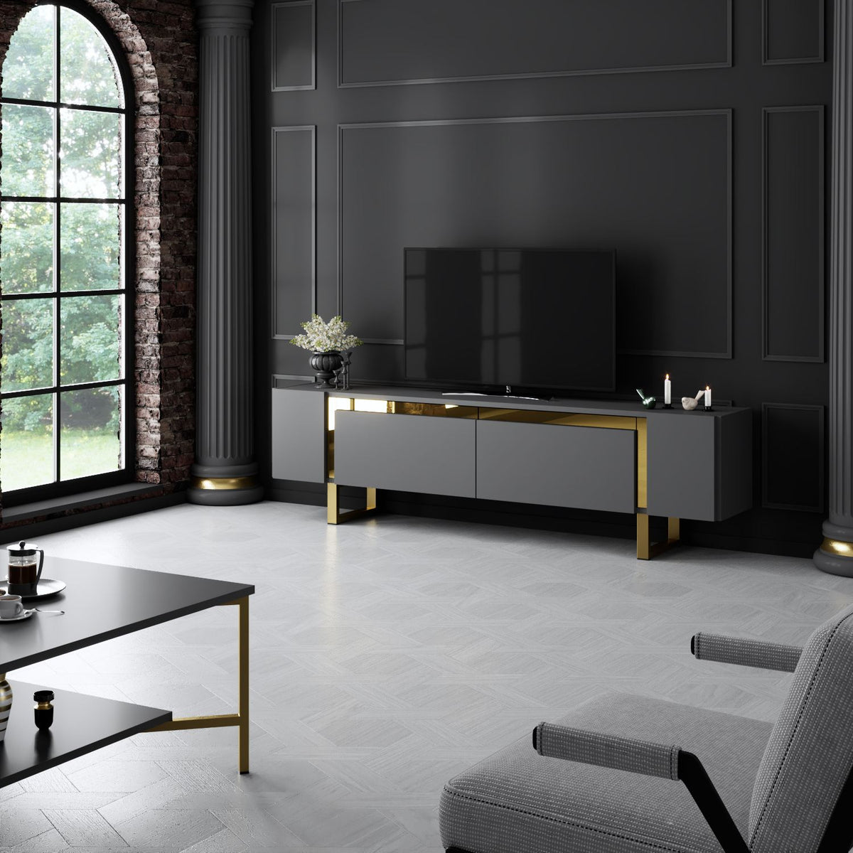 TV Furniture - TV Furniture Anthracite Yildiz 180x50x30 - Golden Frame - Dimehouse