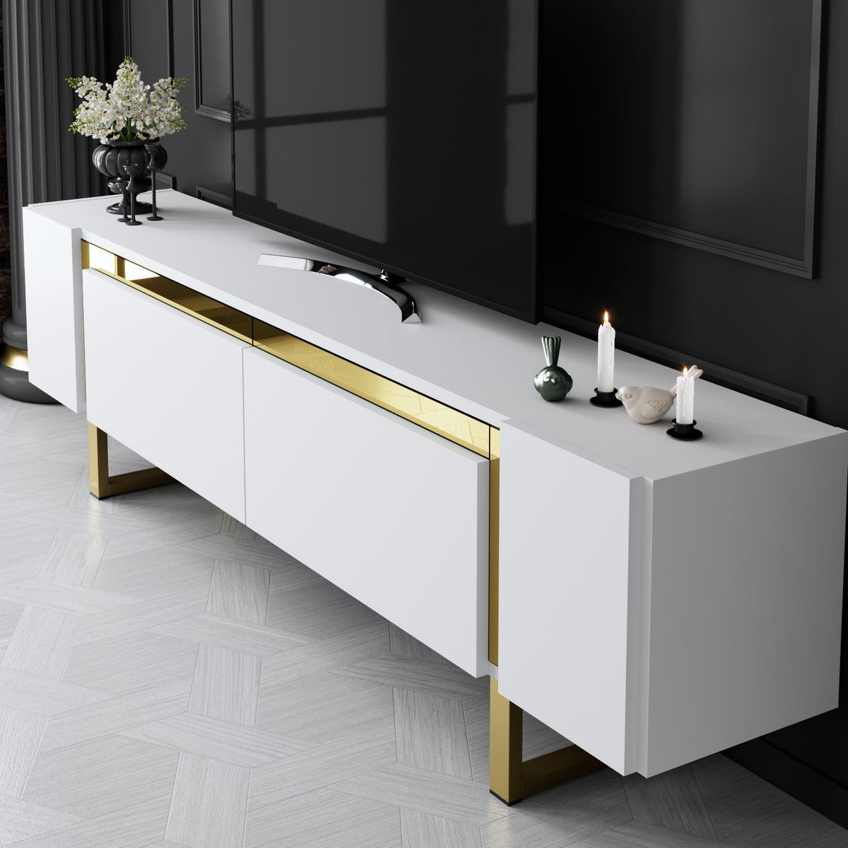 TV Furniture - TV Furniture White Yildiz 180x50x30 - Golden Frame - Dimehouse