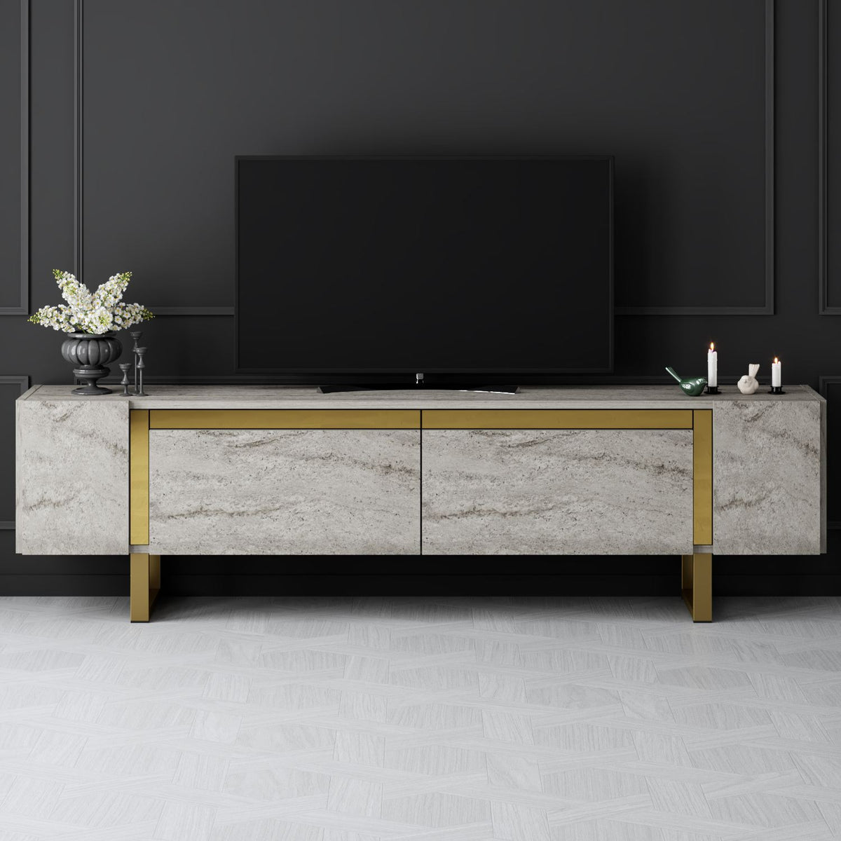 TV Furniture - TV Furniture Travertine Yildiz 180x50x30 - Golden Frame - Dimehouse