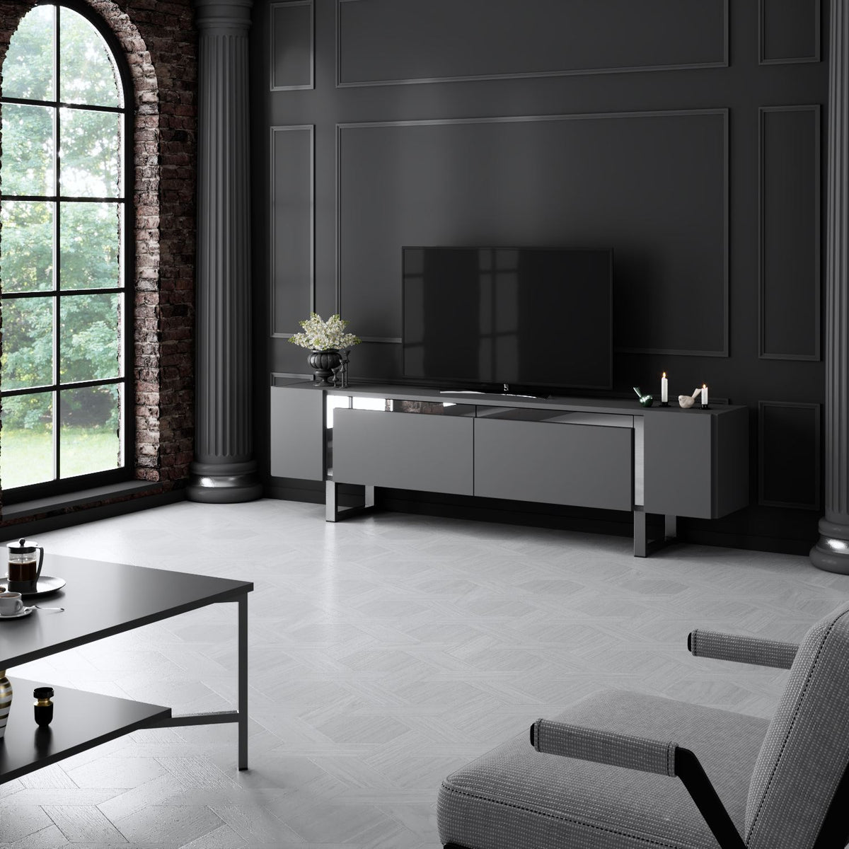 TV Furniture - TV Furniture Anthracite Yildiz 180x50x30 - Silver Frame - Dimehouse