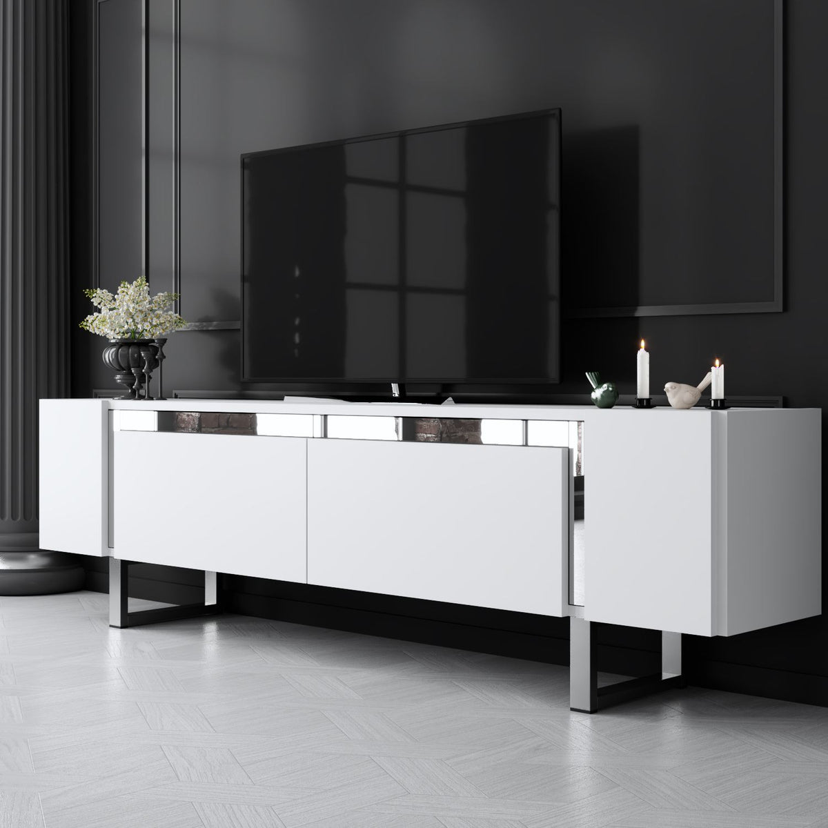 TV Furniture - TV Furniture White Yildiz 180x50x30 - Silver Frame - Dimehouse