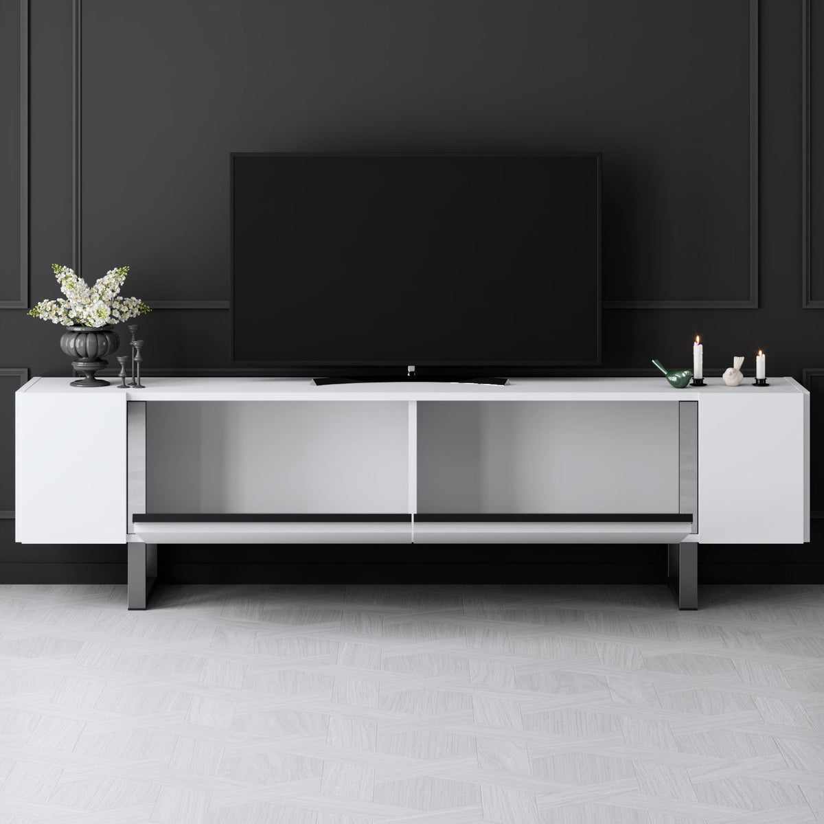 TV Furniture - TV Furniture White Yildiz 180x50x30 - Silver Frame - Dimehouse