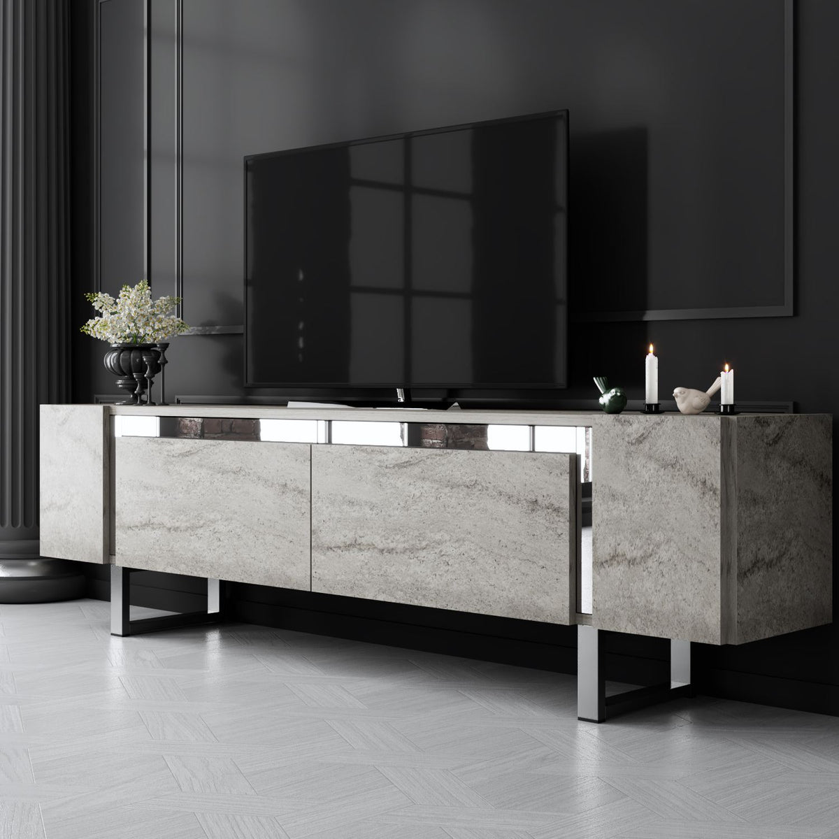 TV Furniture - TV Furniture Travertine Yildiz 180x50x30 - Silver Frame - Dimehouse