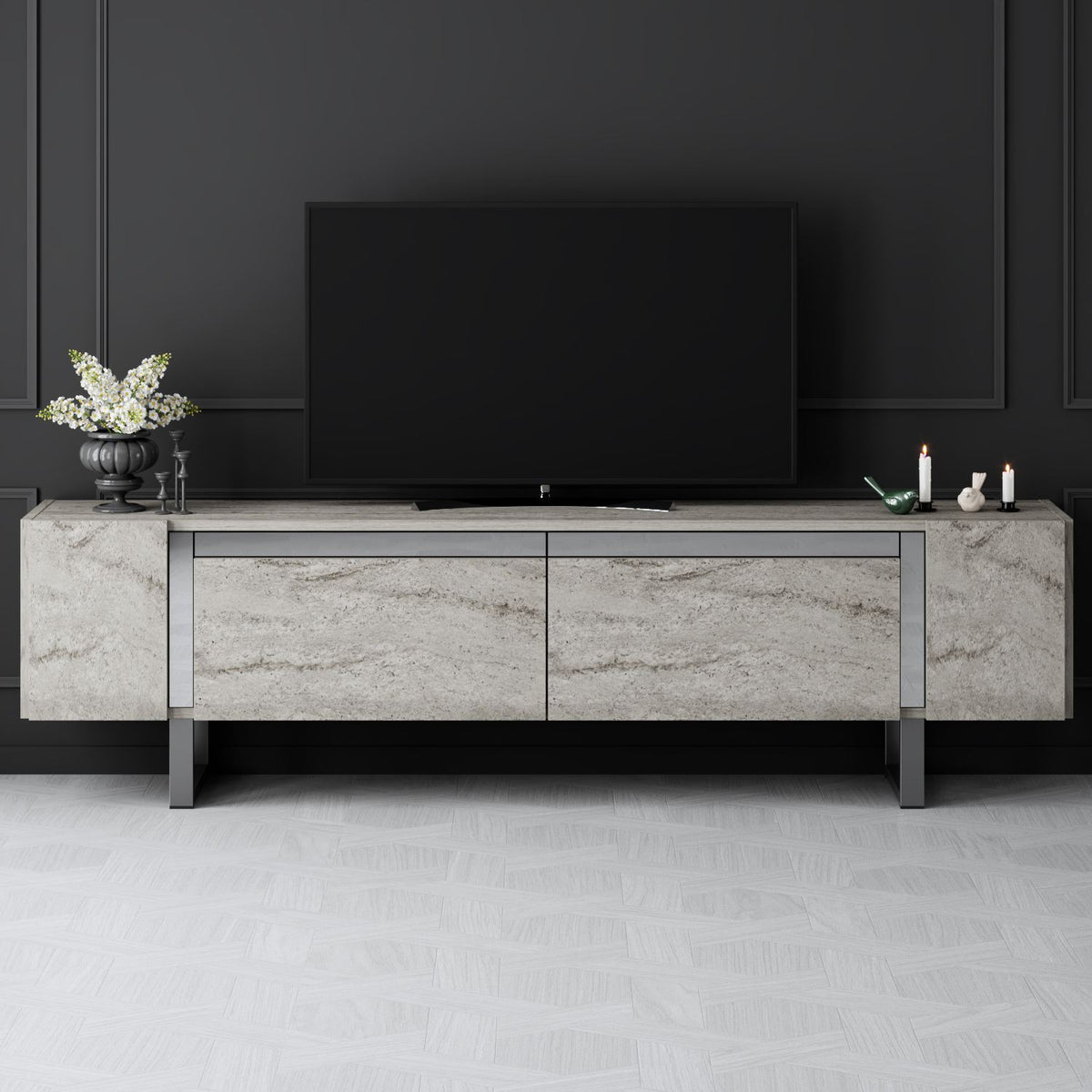 TV Furniture - TV Furniture Travertine Yildiz 180x50x30 - Silver Frame - Dimehouse