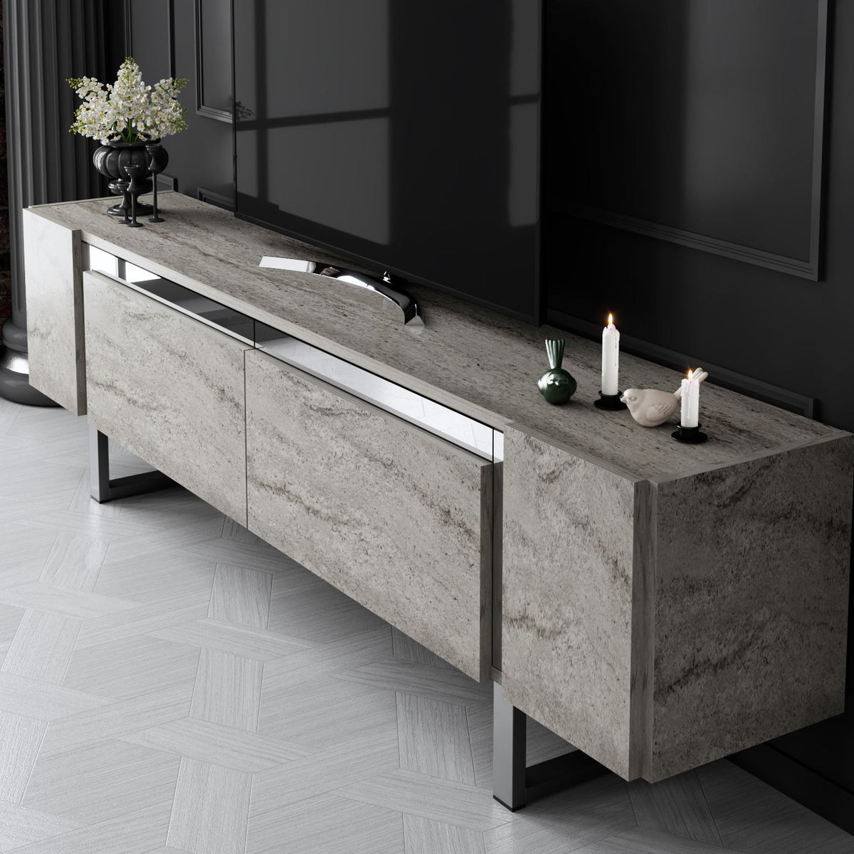 TV Furniture - TV Furniture Travertine Yildiz 180x50x30 - Silver Frame - Dimehouse