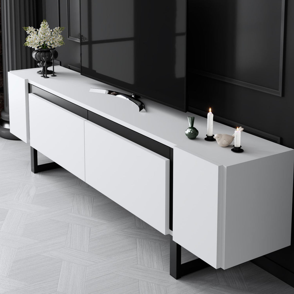 TV Furniture - TV Furniture White Yildiz 180x50x30 - Black Frame - Dimehouse