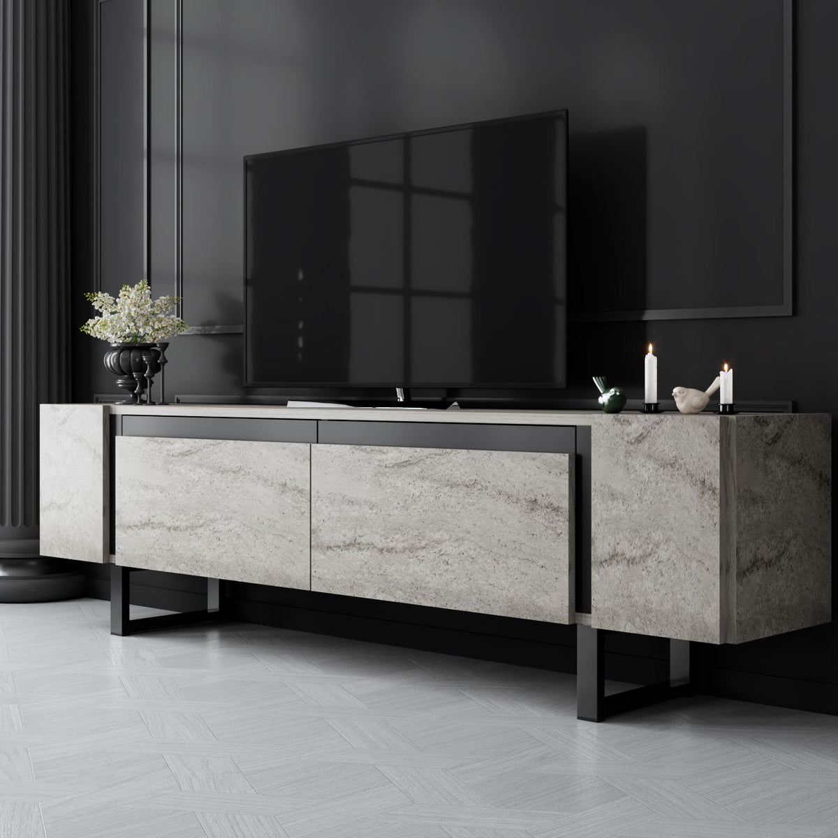TV Furniture - TV Furniture Travertine Yildiz 180x50x30 - Black Frame - Dimehouse