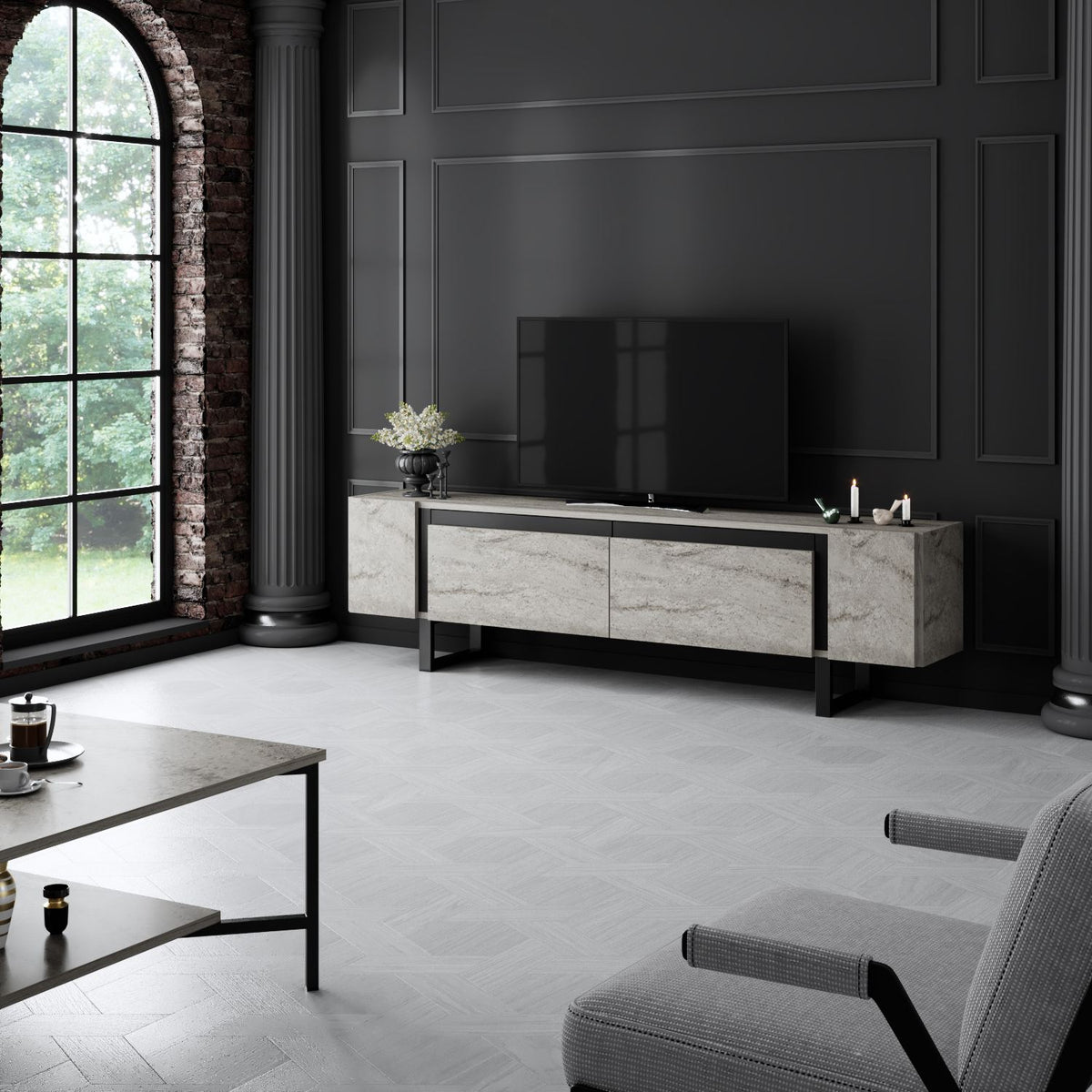 TV Furniture - TV Furniture Travertine Yildiz 180x50x30 - Black Frame - Dimehouse