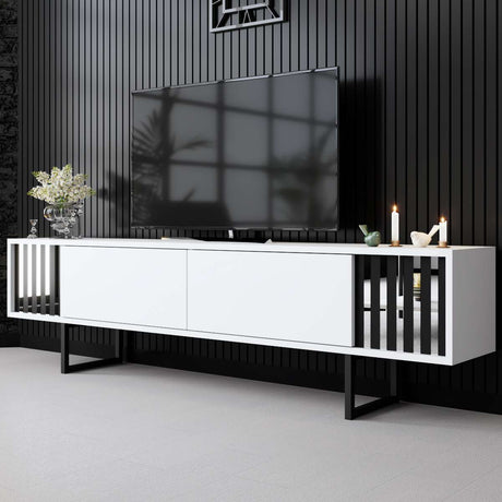 TV Furniture - TV Furniture White Chrome Line 180x48x30 - Black Frame - Dimehouse