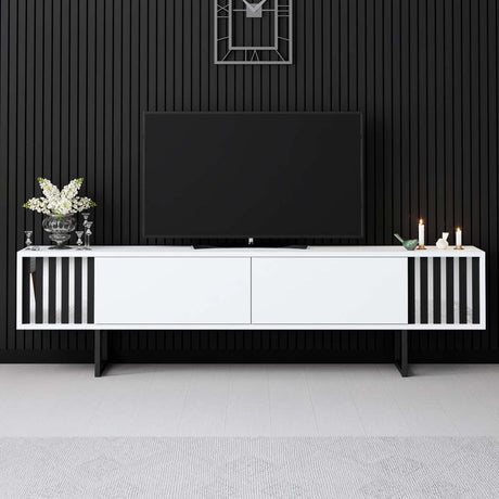 TV Furniture - TV Furniture White Chrome Line 180x48x30 - Black Frame - Dimehouse