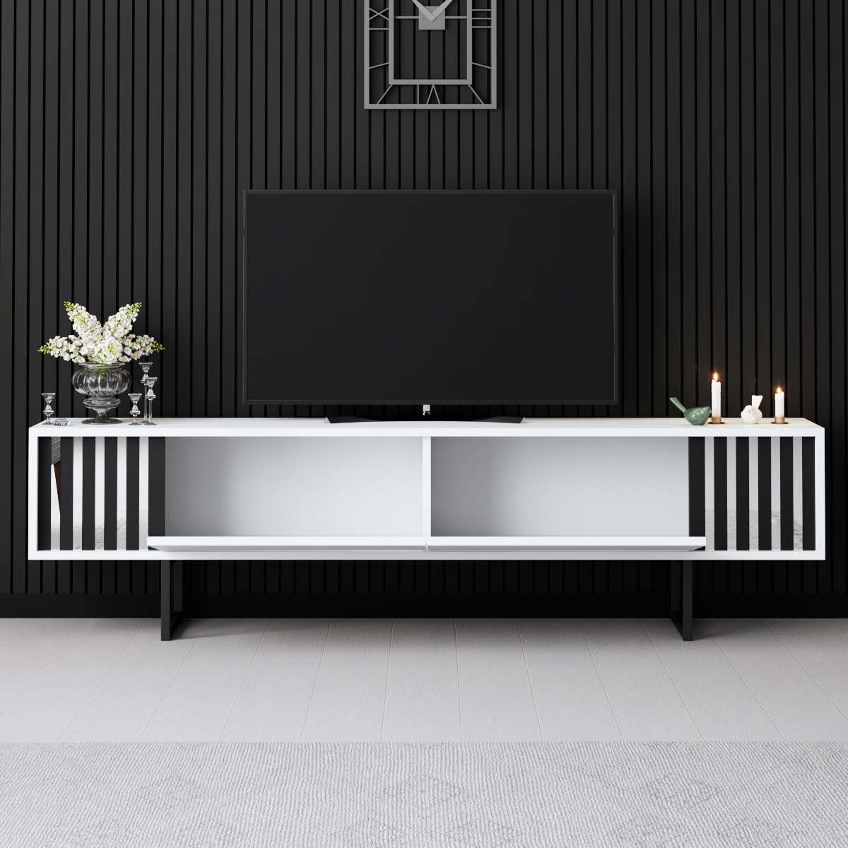 TV Furniture - TV Furniture White Chrome Line 180x48x30 - Black Frame - Dimehouse