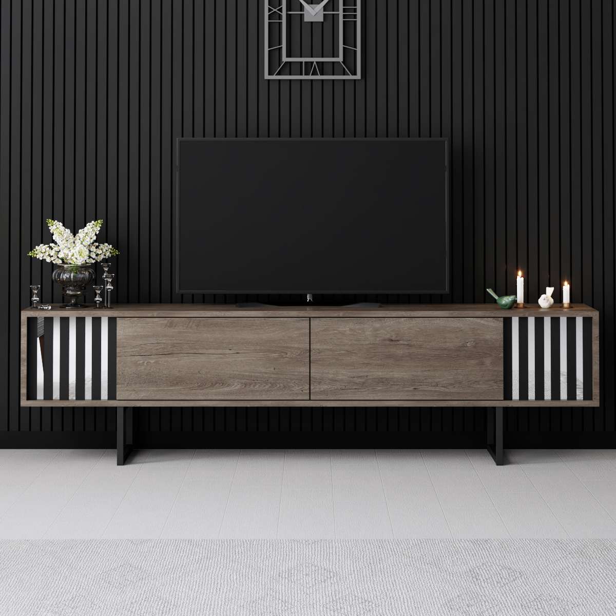 TV Furniture - TV Furniture Walnut Chrome Line 180x48x30 - Black Frame - Dimehouse