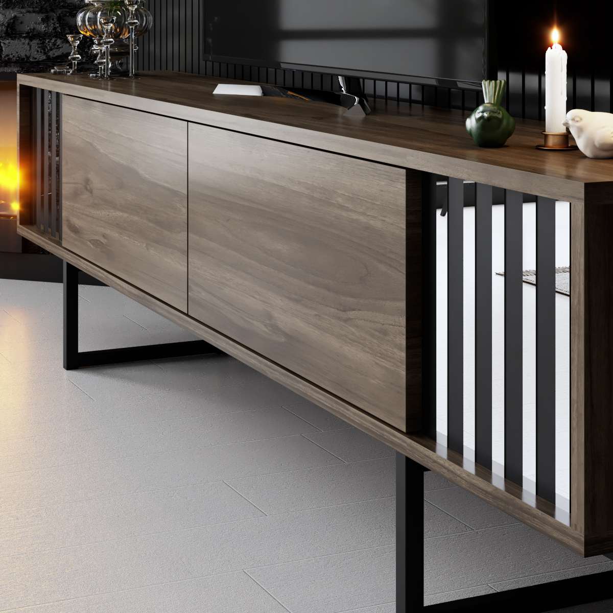TV Furniture - TV Furniture Walnut Chrome Line 180x48x30 - Black Frame - Dimehouse