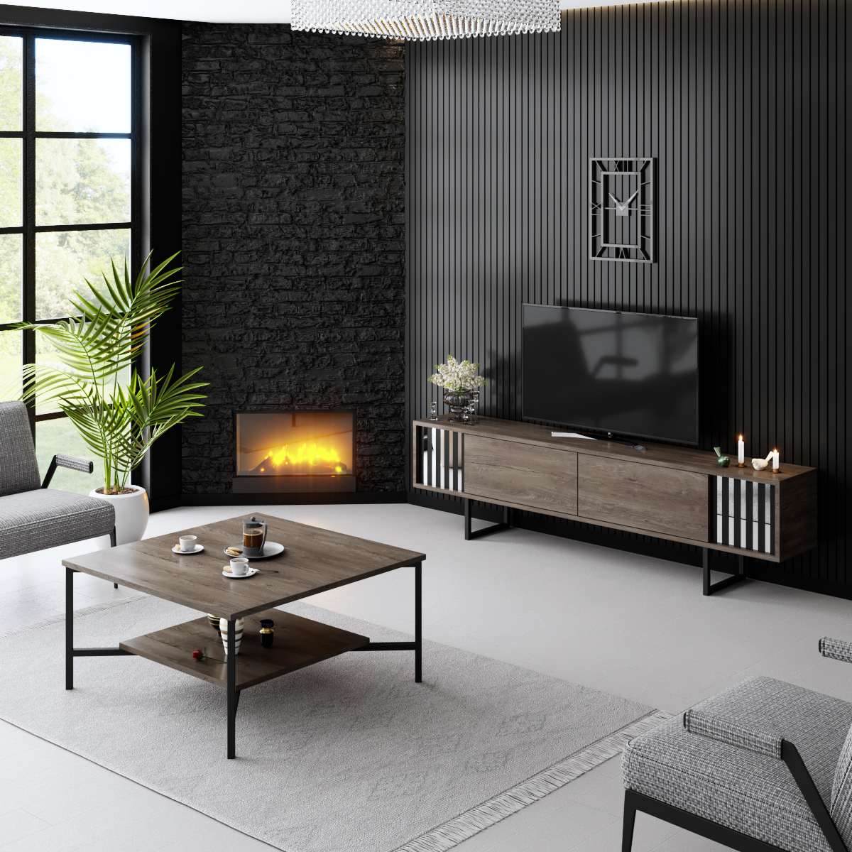 TV Furniture - TV Furniture Walnut Chrome Line 180x48x30 - Black Frame - Dimehouse