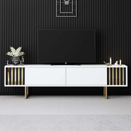 TV Furniture - TV Furniture White Gold Line 180x48x30 - Golden Frame - Dimehouse