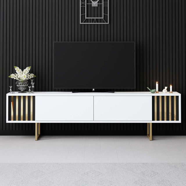 TV Furniture - TV Furniture White Gold Line 180x48x30 - Golden Frame - Dimehouse