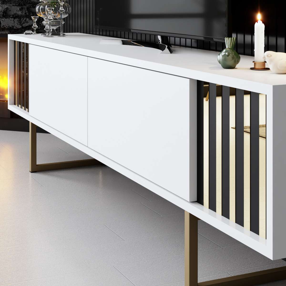 TV Furniture - TV Furniture White Gold Line 180x48x30 - Golden Frame - Dimehouse