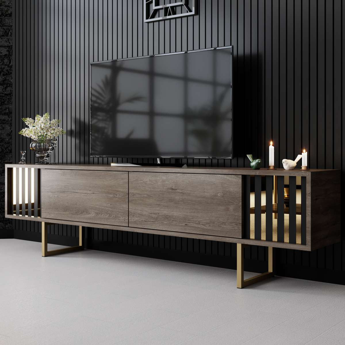 TV Furniture - TV Furniture Walnut Gold Line 180x48x30 - Golden Frame - Dimehouse