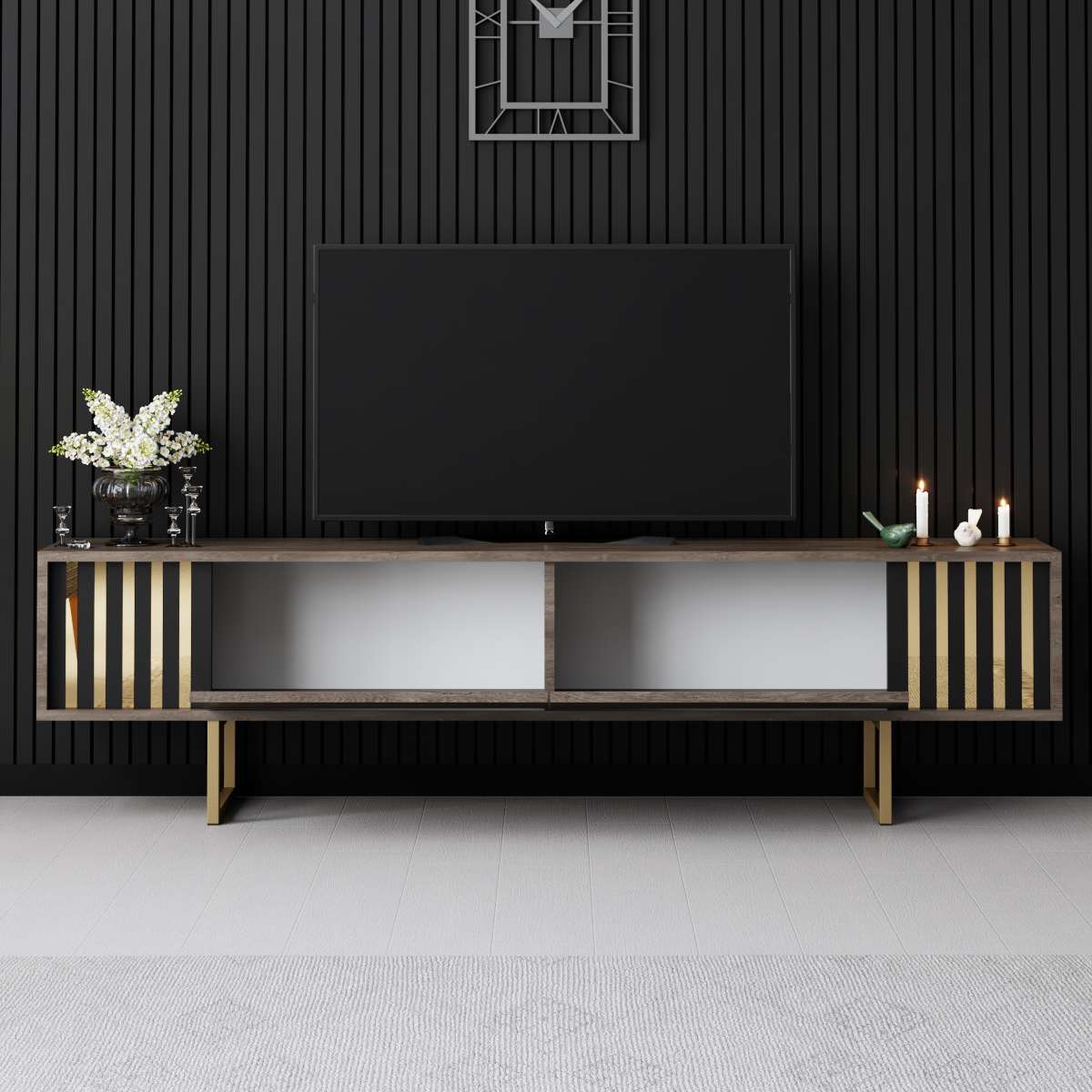 TV Furniture - TV Furniture Walnut Gold Line 180x48x30 - Golden Frame - Dimehouse