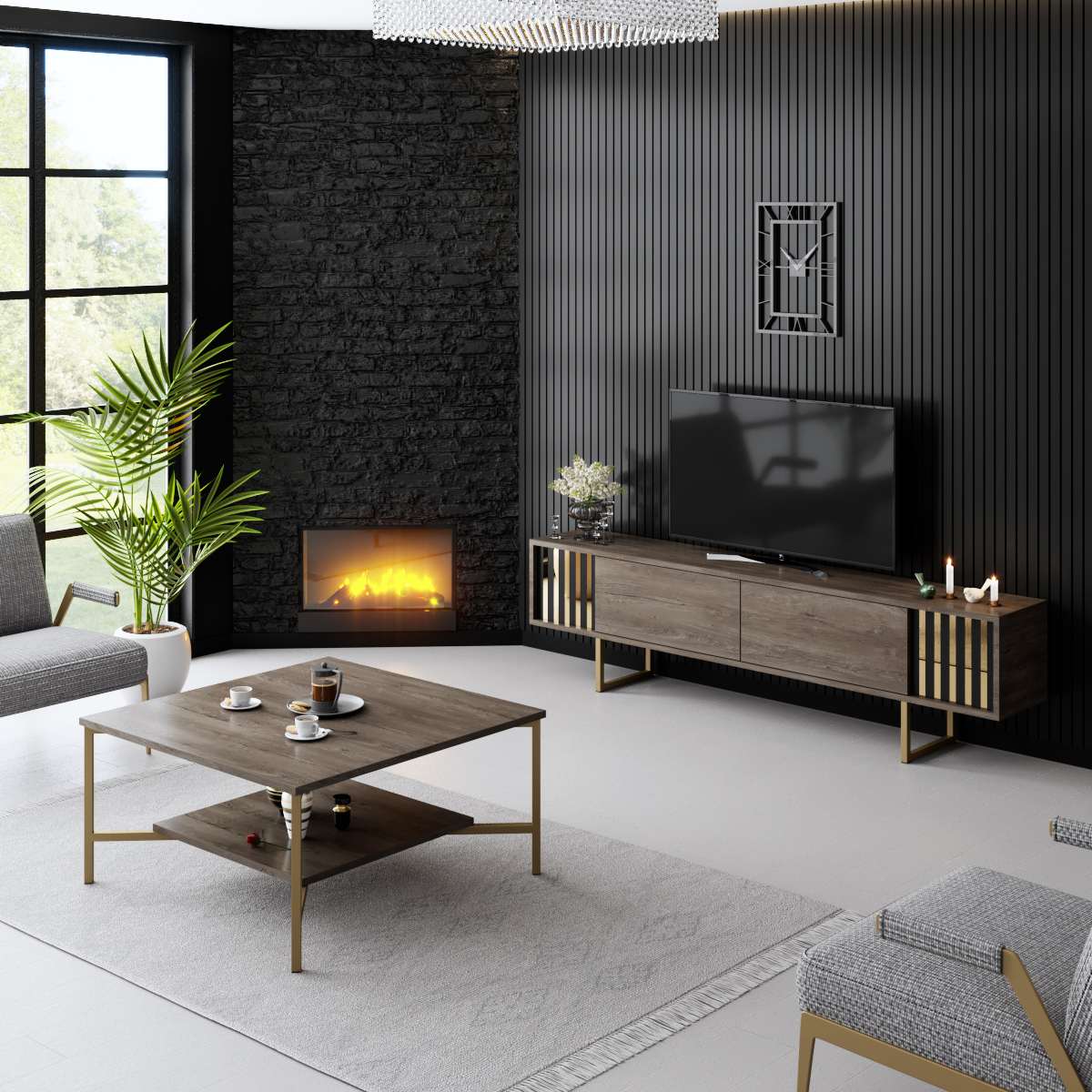TV Furniture - TV Furniture Walnut Gold Line 180x48x30 - Golden Frame - Dimehouse