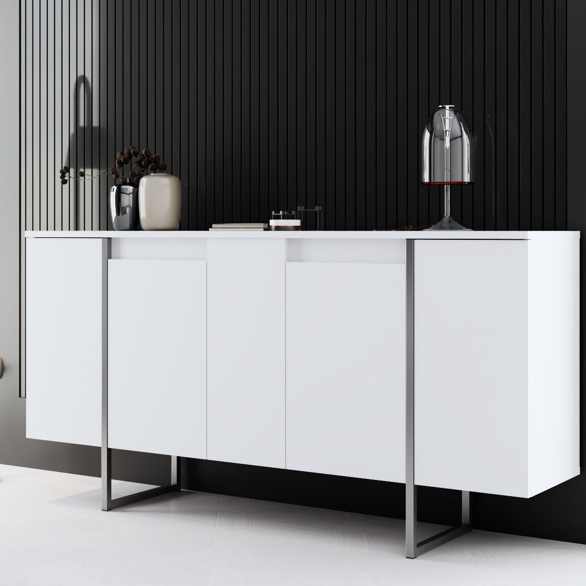 Sideboards - Modern Sideboard White Luxury 160x80x35 - Silver Frame - Dimehouse