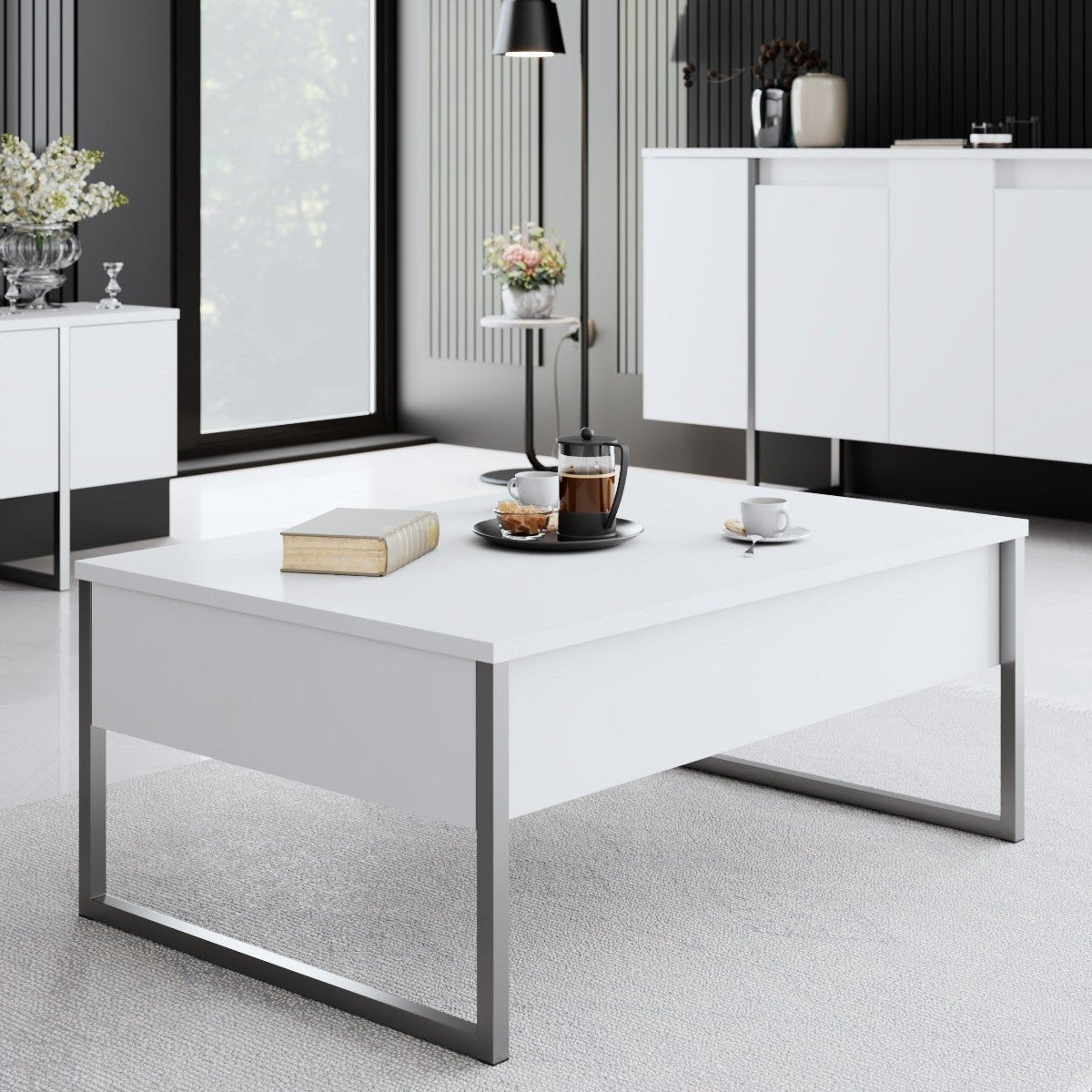 Coffee Tables - Rectangular Coffee Table White Luxury 90x60 - Silver Frame - Dimehouse