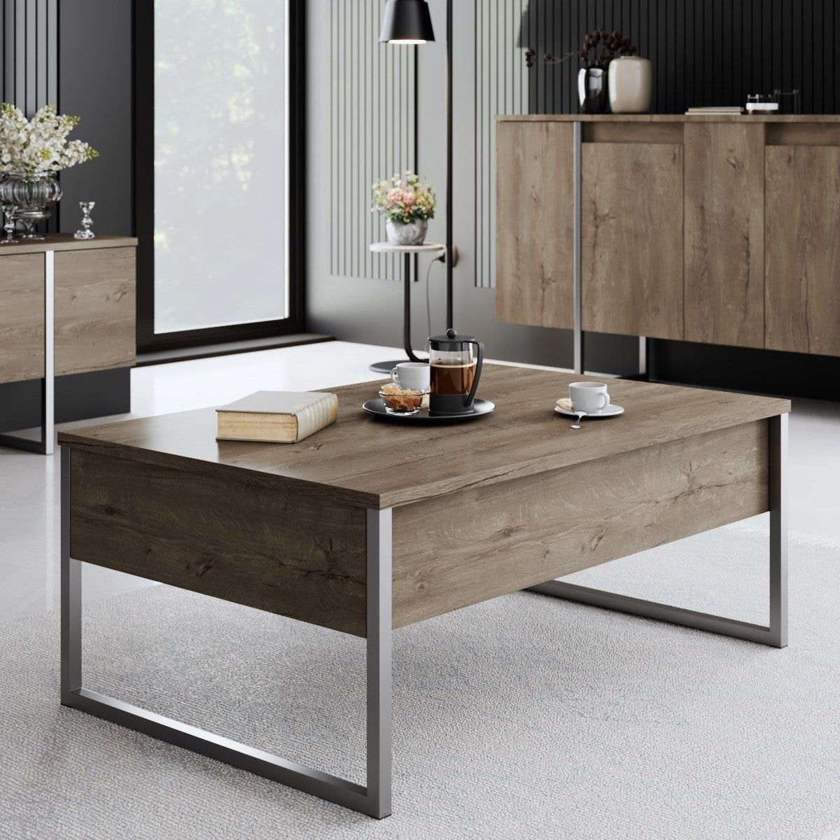 Coffee tables - Rectangular Coffee Table Walnut Luxury 90x60 - Silver Frame - Dimehouse