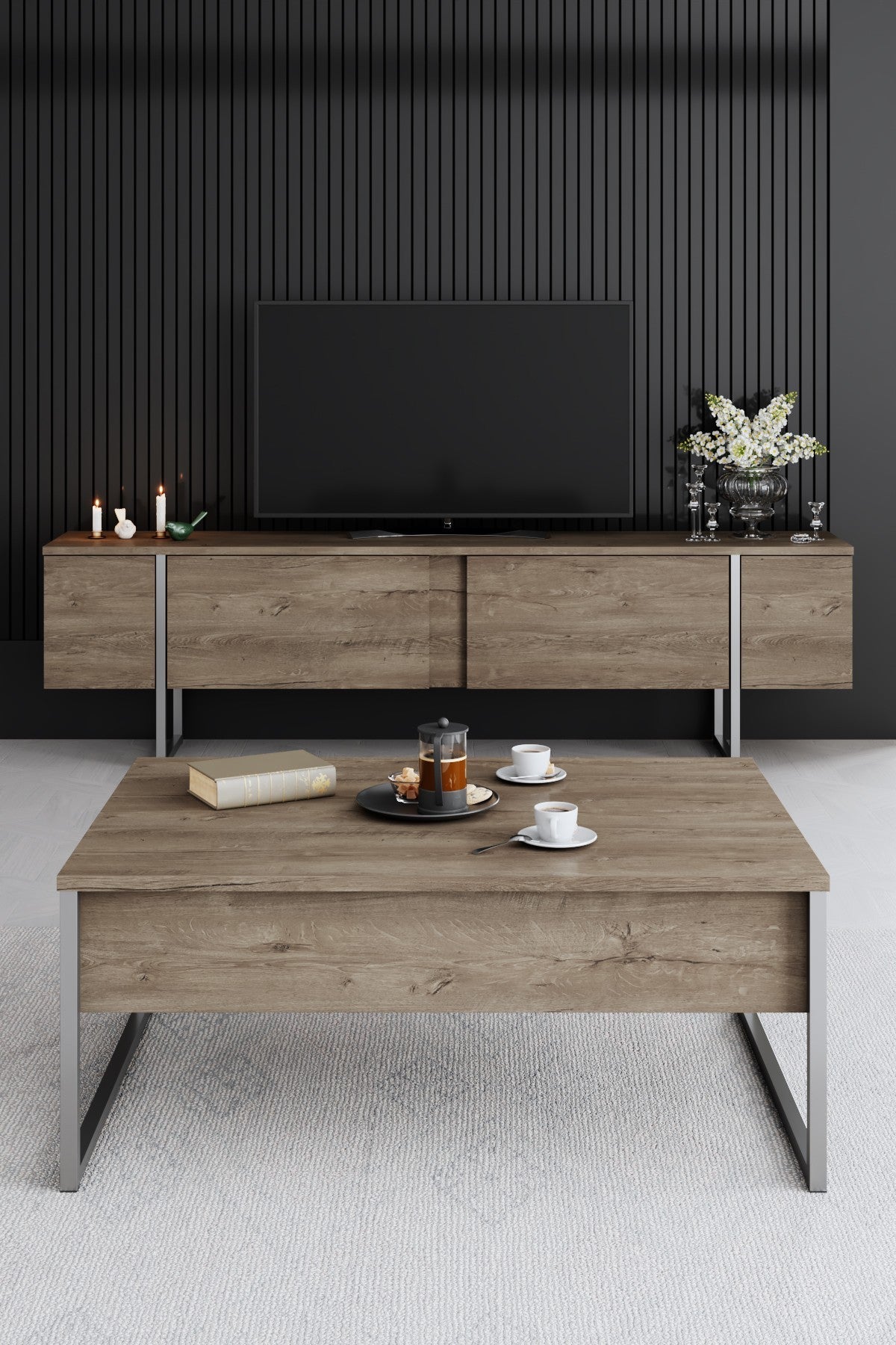 Coffee tables - Rectangular Coffee Table Walnut Luxury 90x60 - Silver Frame - Dimehouse
